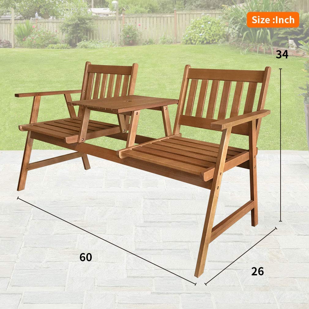 Outdoor Patio Bench Set - Solid Eucalyptus Wood Garden Loveseat with Umbrella Hole | Perfect for Poolside, Beach, Backyard, Balcony & Deck Conversations | Durable Patio Furniture for Outdoor Relaxation