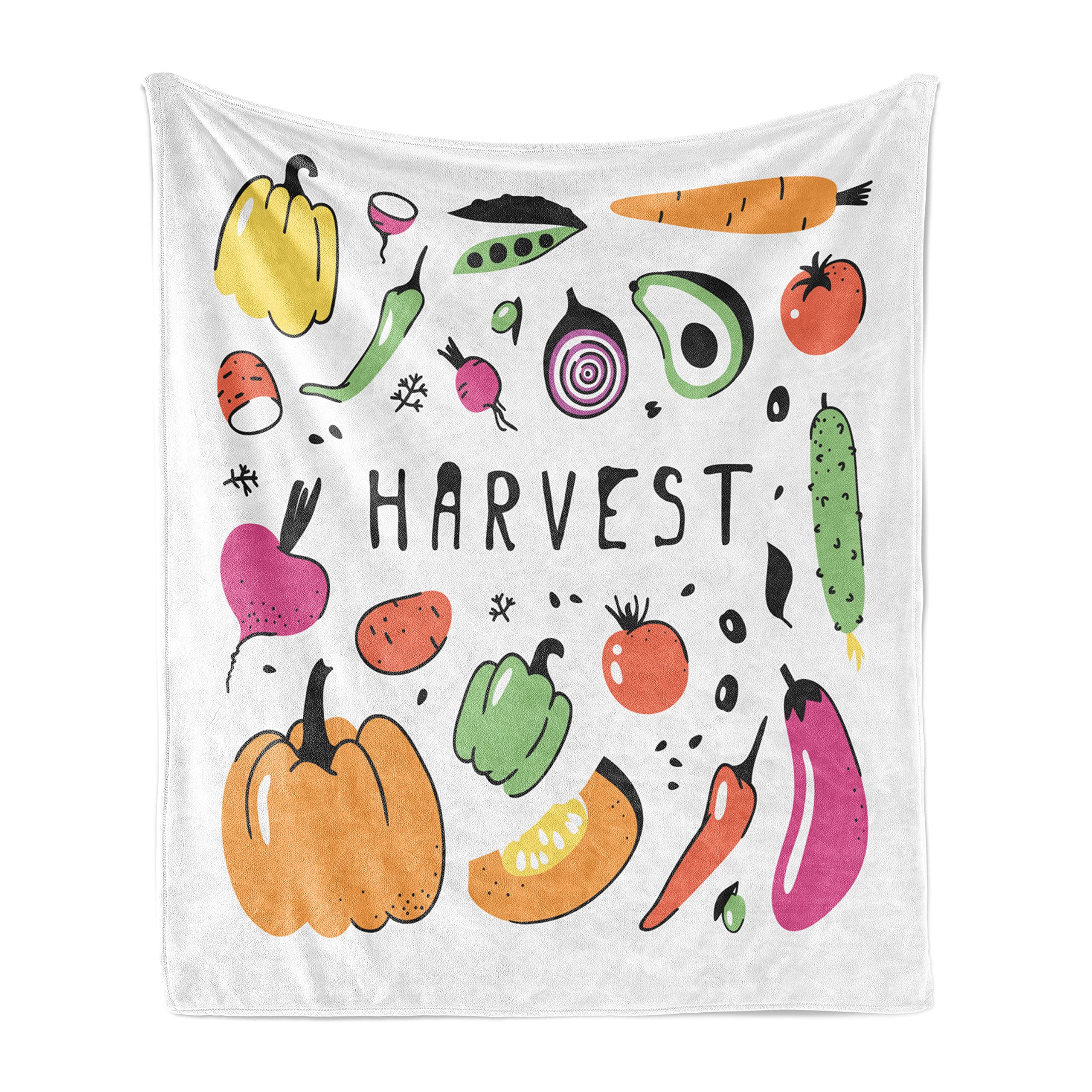 Ambesonne Harvest Throw Blanket - Soft Flannel Fleece Blanket with Pumpkin, Pepper, Carrot, Onion, Eggplant, Potato, Radish & Avocado Print, 50