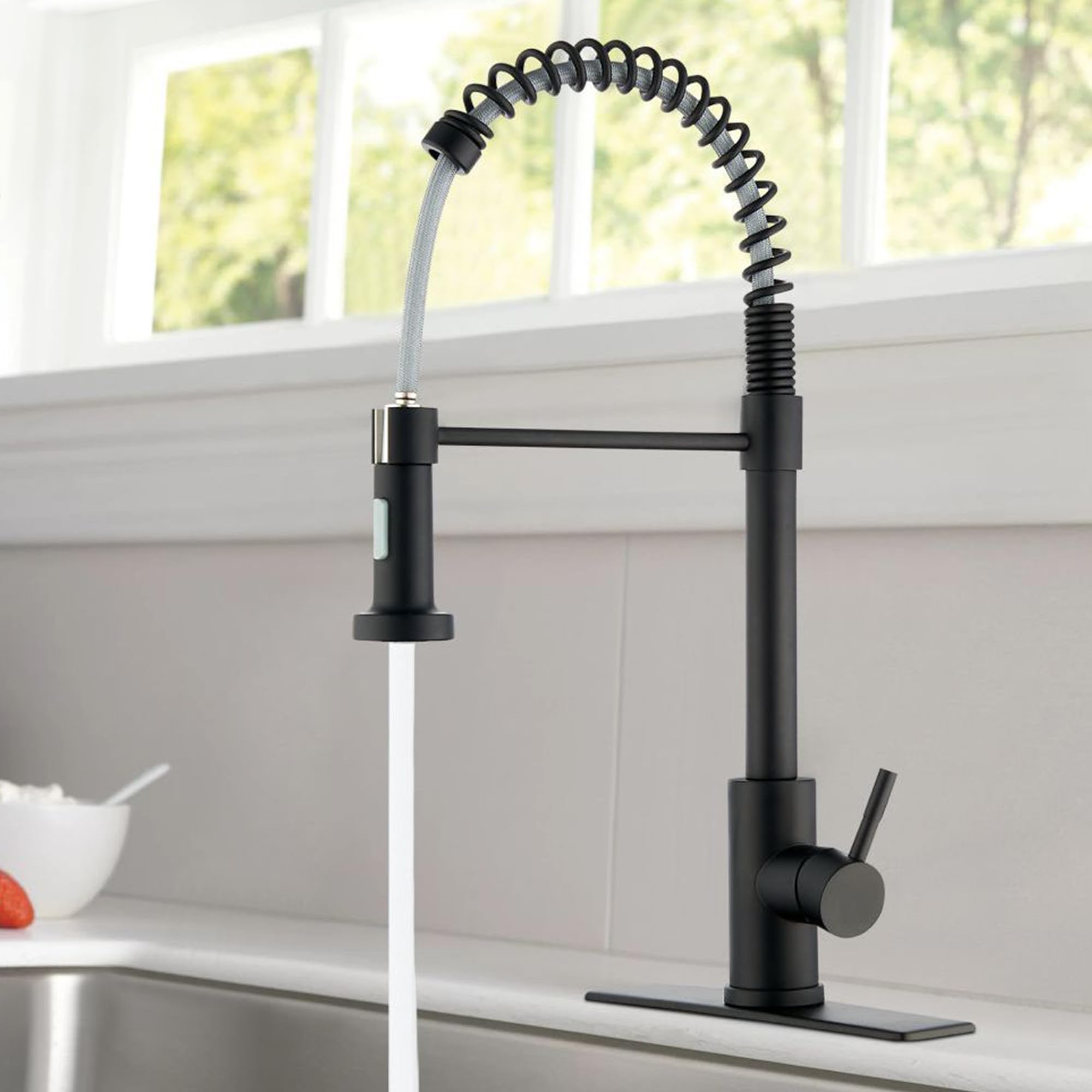SOFTINOX High Arc Single Handle Pull Down Sprayer Kitchen Faucet - RV Stainless Steel Modern Design with Flexible Hose - Black Finish for Stylish Kitchen Upgrades