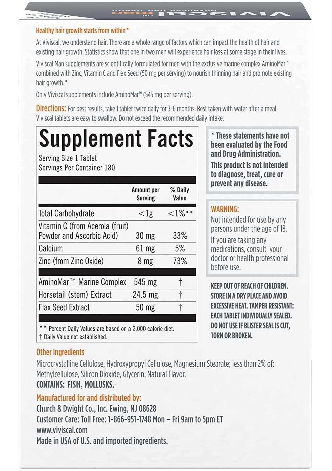 Viviscal Men's Hair Growth Supplements - Clinically Proven Formula with Proprietary Collagen Complex for Thicker, Fuller Hair (180 Tablets, 3 Month Supply) - Ideal for Thinning Hair & Hair Loss Prevention