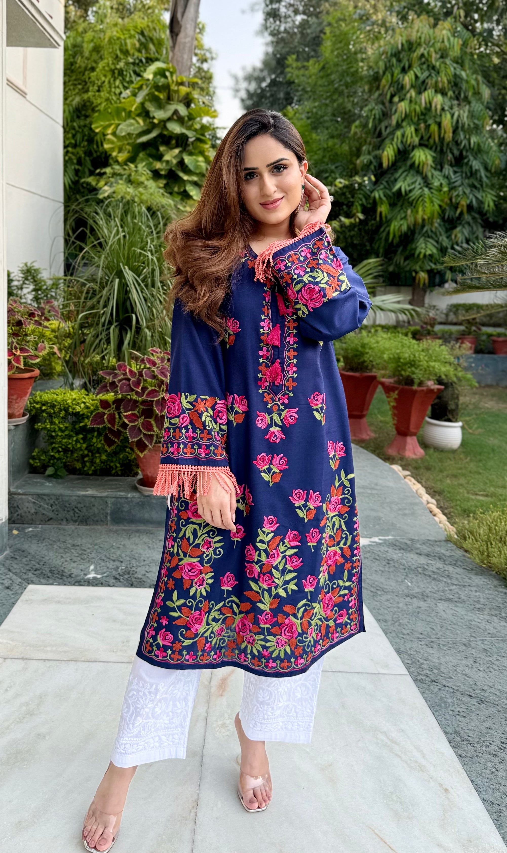 Stylish Nikita in Falak Kashmiri Long Kurta for Women - Navy Blue Ethnic Dress for Casual Wear & Festive Occasions