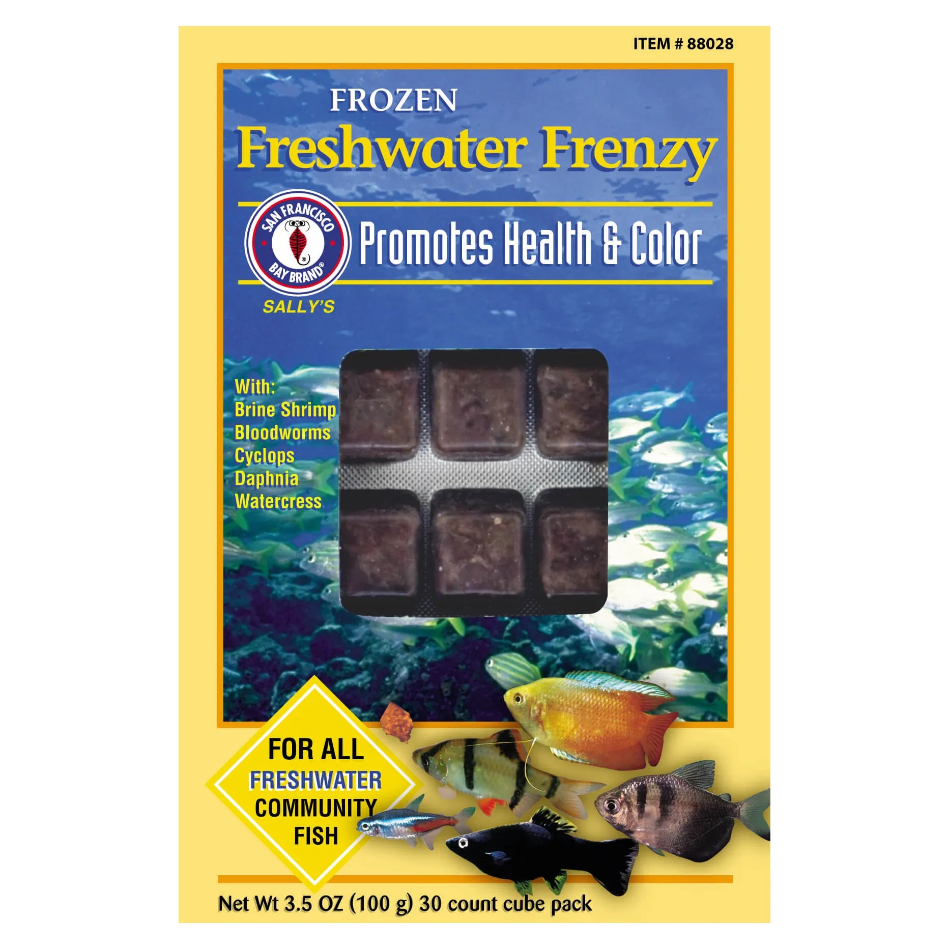 San Francisco Bay Brand Frozen Freshwater Frenzy Fish Food - 30 Cubes, 3.5oz Each - Ideal for Tropical & Goldfish Feeding at Home or Aquarium