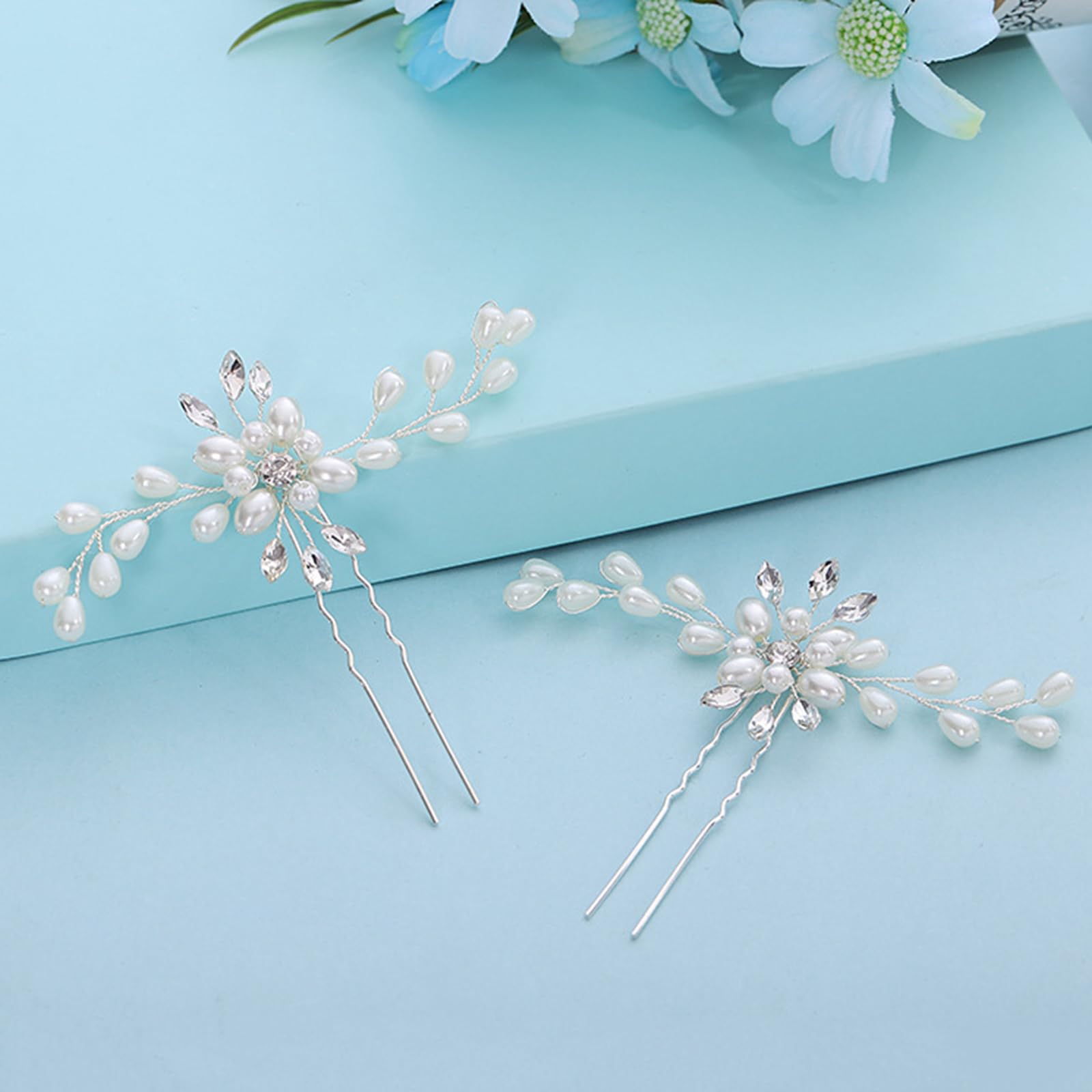 3 PCS SONGQEE Pearl Flower Crystal Bridal Hair Pins - Rhinestone Wedding Hair Clips for Bride & Bridesmaids, Bobby Pins & Headpiece Accessories (Perfect for Weddings, Prom, Parties & Special Occasions)
