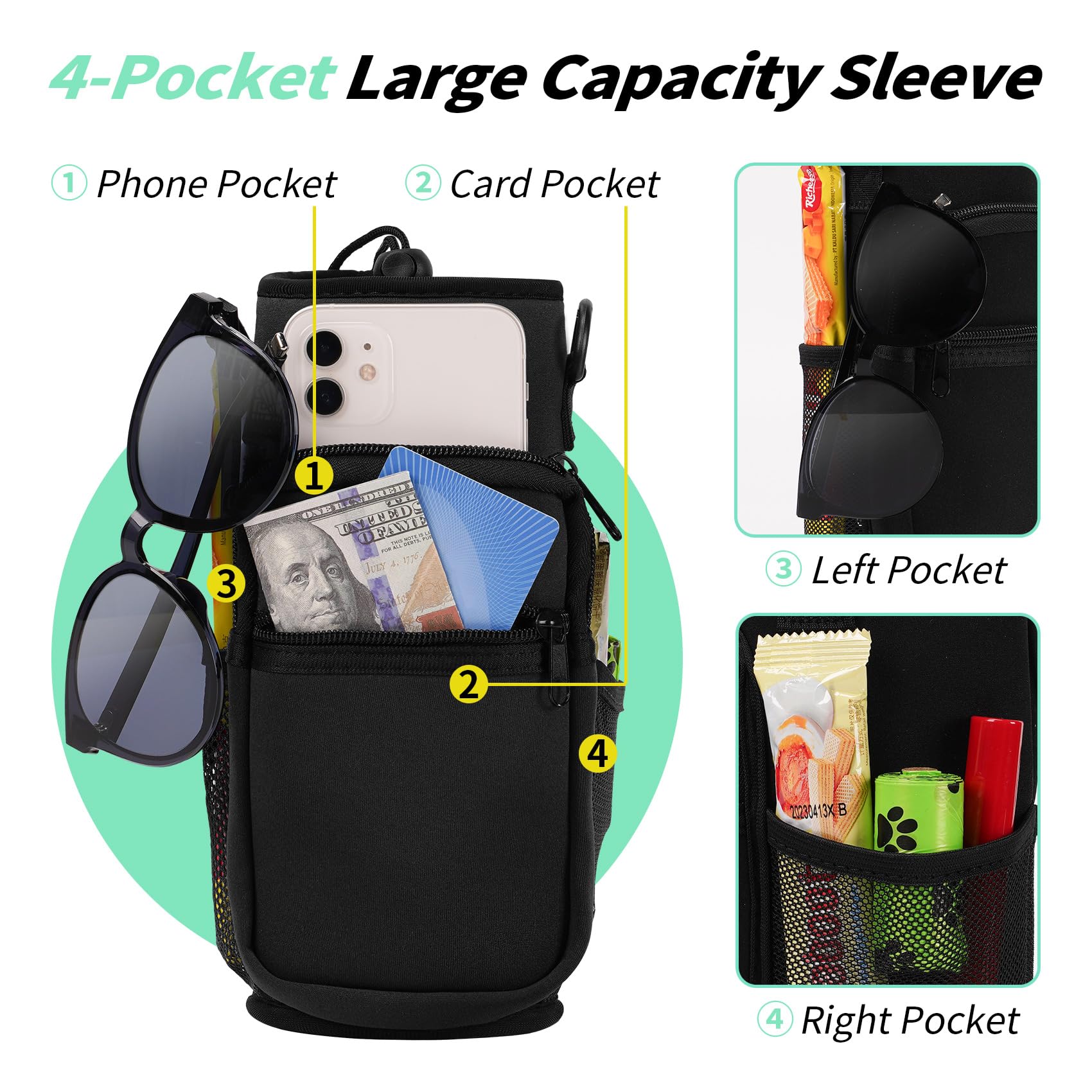 32/40/64/87/128 oz Insulated Water Bottle Carrier Bag - Neoprene Bottle Sleeve with 4 Pockets & Adjustable Shoulder Strap - Sport Water Holder with Paracord Handle for Hiking, Camping, Gym & Outdoor Activities - Perfect for Workouts, Travel & Daily Hydration