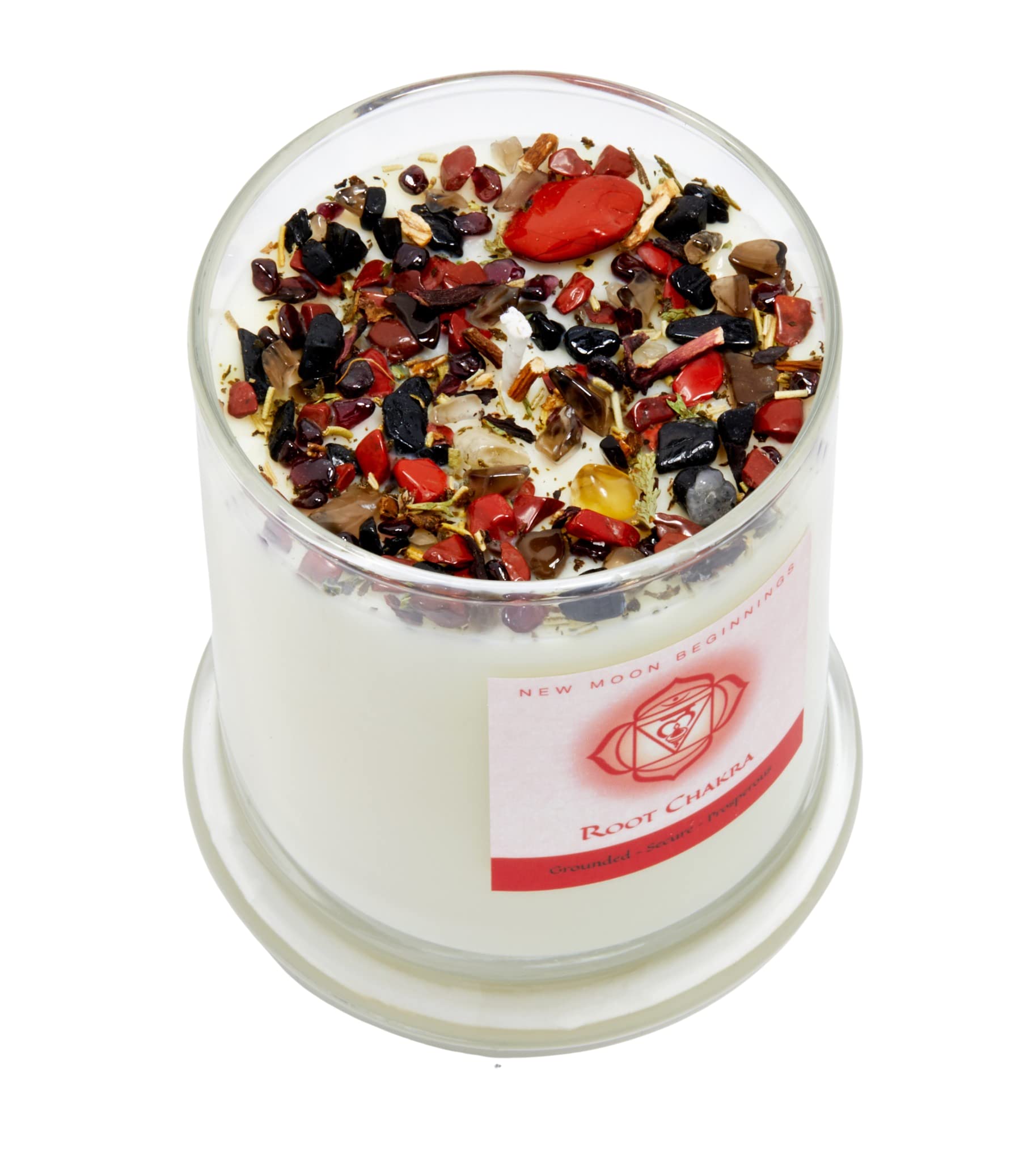 New Moon Beginnings Root Chakra Candle - Natural Soy Wax Aromatherapy Candle with Herbs, Flowers & Crystals for Meditation, Yoga & Spiritual Healing - Chakra Balancing & Energy Cleansing