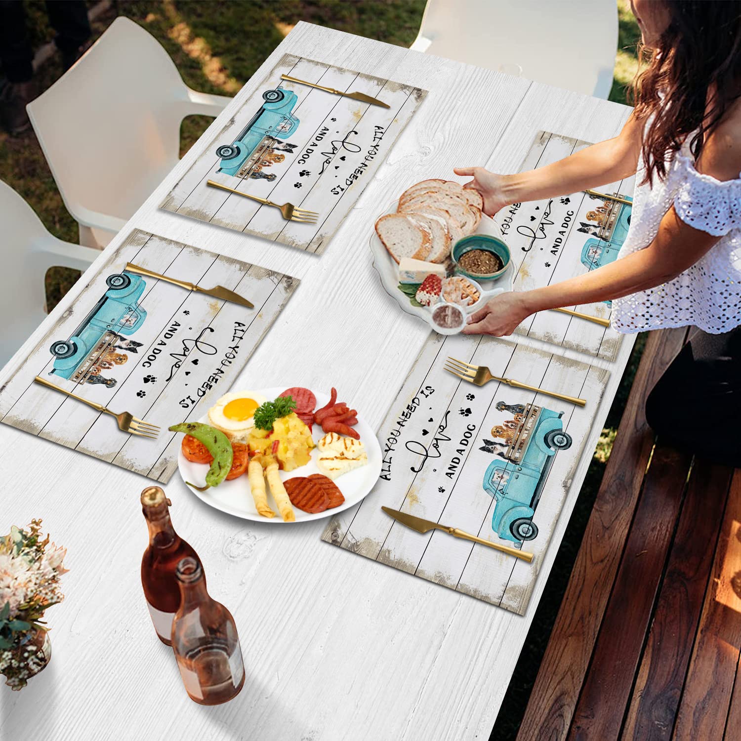 Farmhouse Blue Truck with Dogs Placemats Set of 6 - Stain Resistant Washable Table Mats for Kitchen & Dining - Rustic Wood Grain Design - Perfect for Farmhouse Decor, Family Meals & Holiday Gatherings