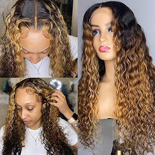 13×4 HD Lace Front Wigs for Black Women - 18inch Brazilian Remy Human Hair Wig with Pre-Plucked Baby Hair, 150% Density, Blonde Roots & Curly Highlight (Color #27) - Glueless, Soft & Natural Looking | Perfect for Daily Wear, Special Occasions & Protective Styling