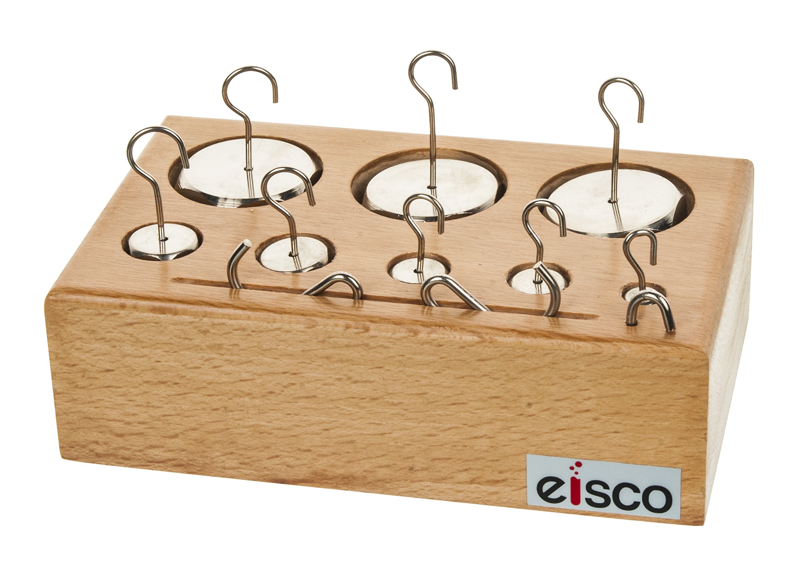 EISCO Brass Weight Set - 8 Precision Weights & 3 Spare Hooks - with Solid Wood Storage Block - Perfect for Physics Labs, Science Classrooms & Home Experiments