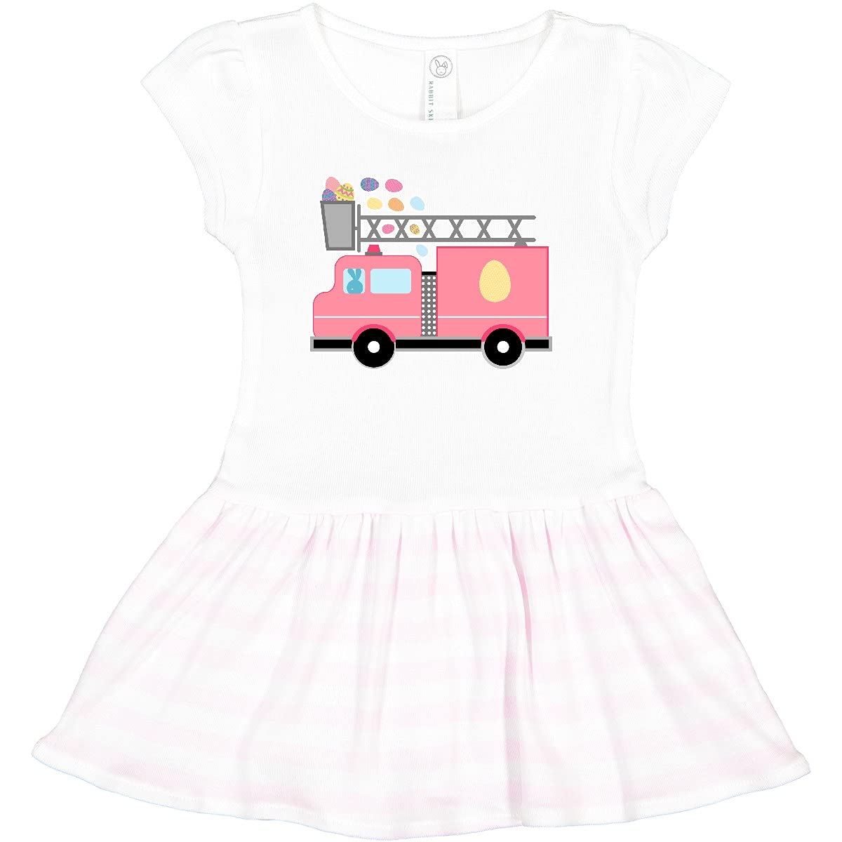 Inktastic Easter Fire Truck Egg Hunt Bunny Toddler Dress 3T - White & Pink 2871d | Cute Spring Outfit for Girls, Easter Sunday Church, Family Photo & Egg Hunting Party