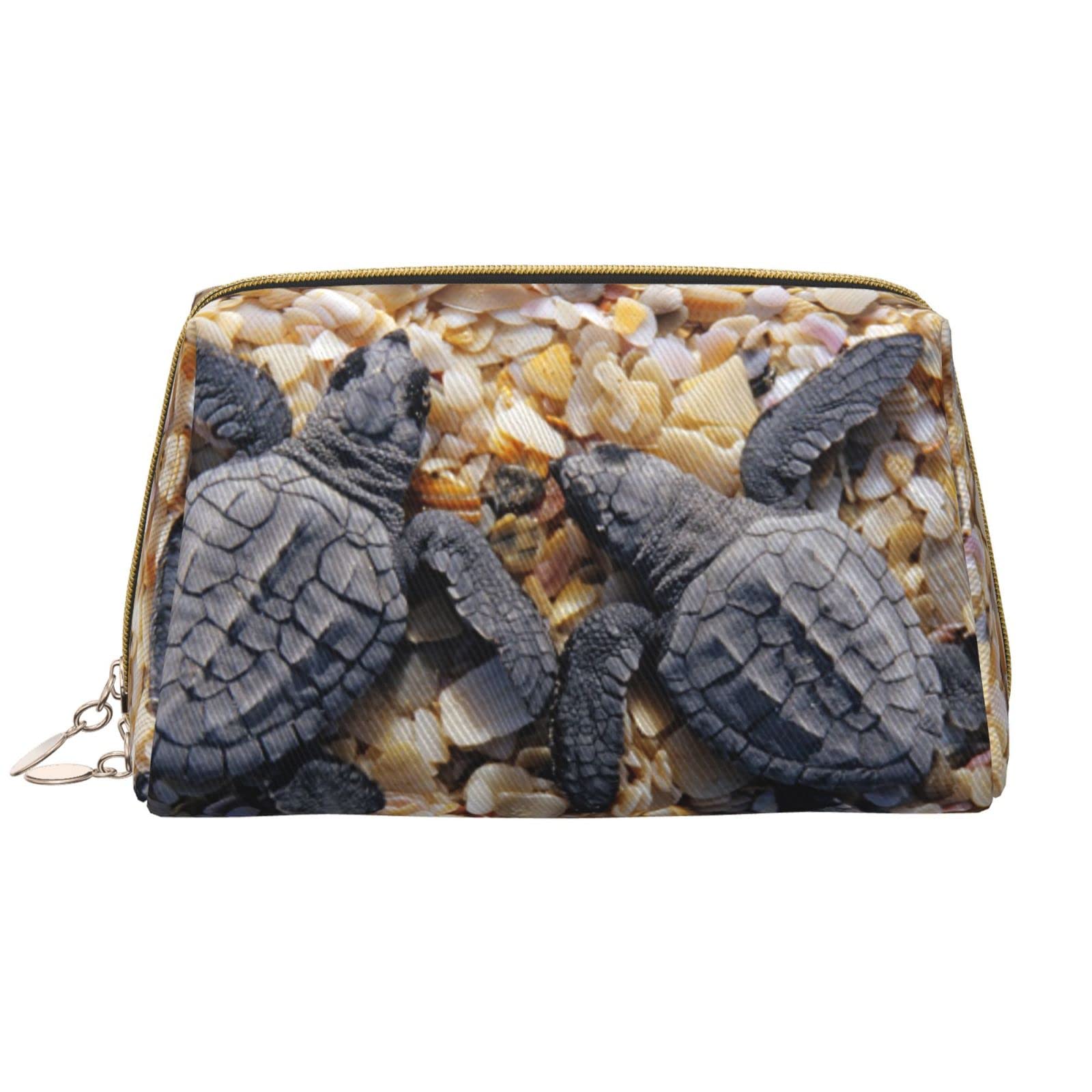 Waterproof Leather Makeup Bag for Women - Large Capacity Travel Cosmetic Organizer with Cute Baby Sea Turtle Beach Design | Perfect for Travel, Gym & Daily Use