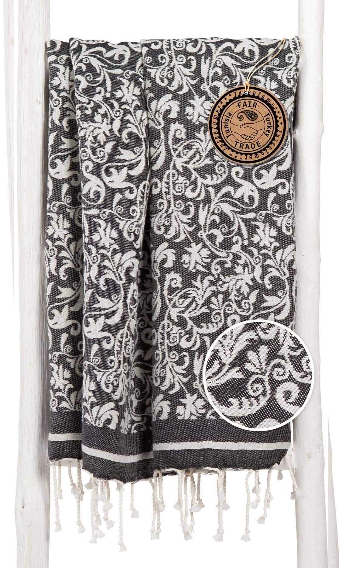 Premium XL Fouta Hammam Towel - 100% Cotton Lightweight Beach Towel with Elegant Flower Pattern | Perfect for Spa, Yoga, Pool & Beach Use - Black