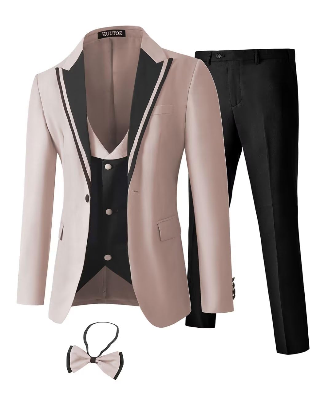 HUUTOE Men's 3 Piece Slim Fit Tuxedo Suit - One Button Blazer, Vest & Pants with Tie | Wedding, Prom, Formal Dinner & Business Attire
