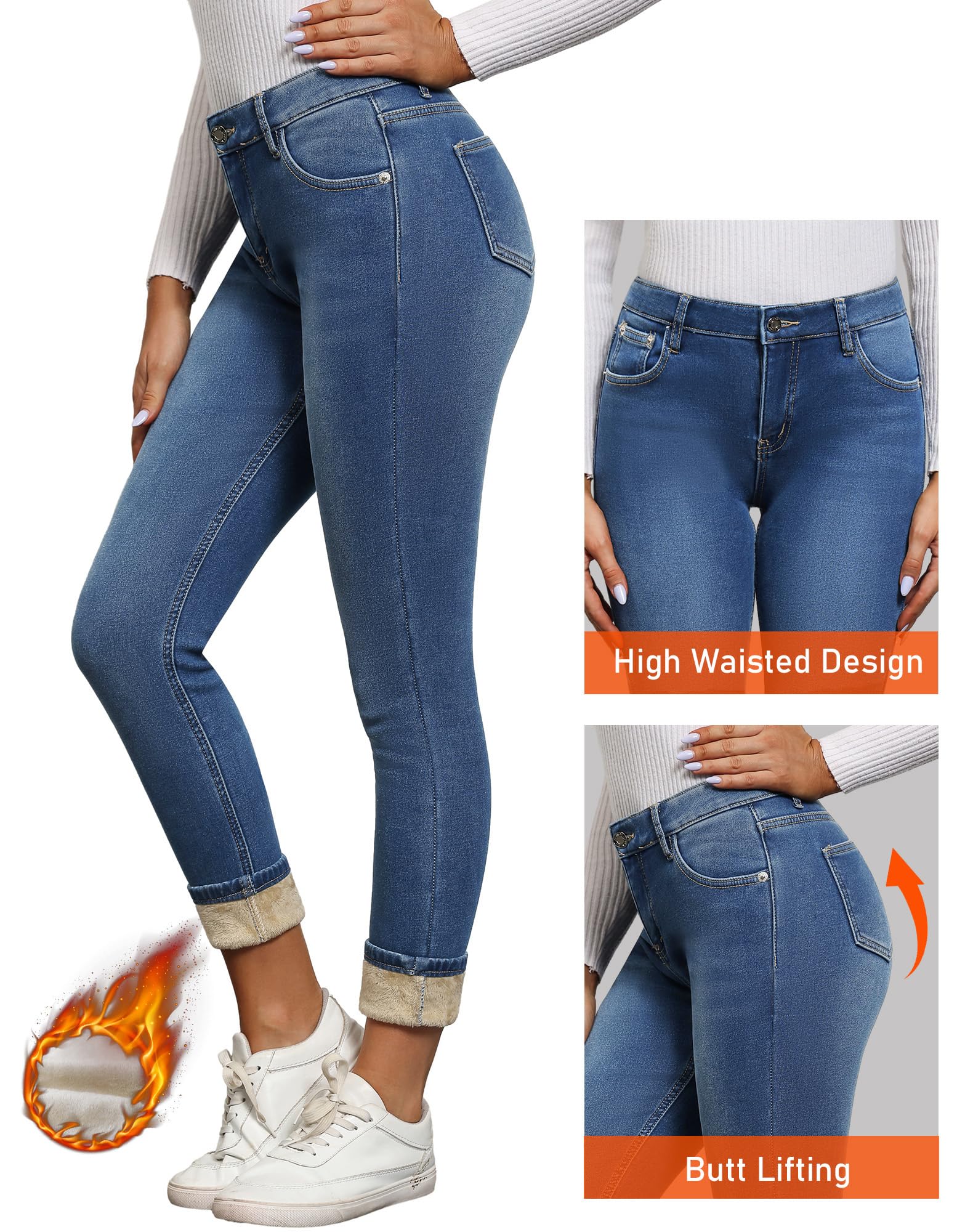 Women's Fleece Lined High Waisted Skinny Jeans - Warm Winter Stretch Denim Pants with Flannel Lining for Cold Weather Outdoor Activities