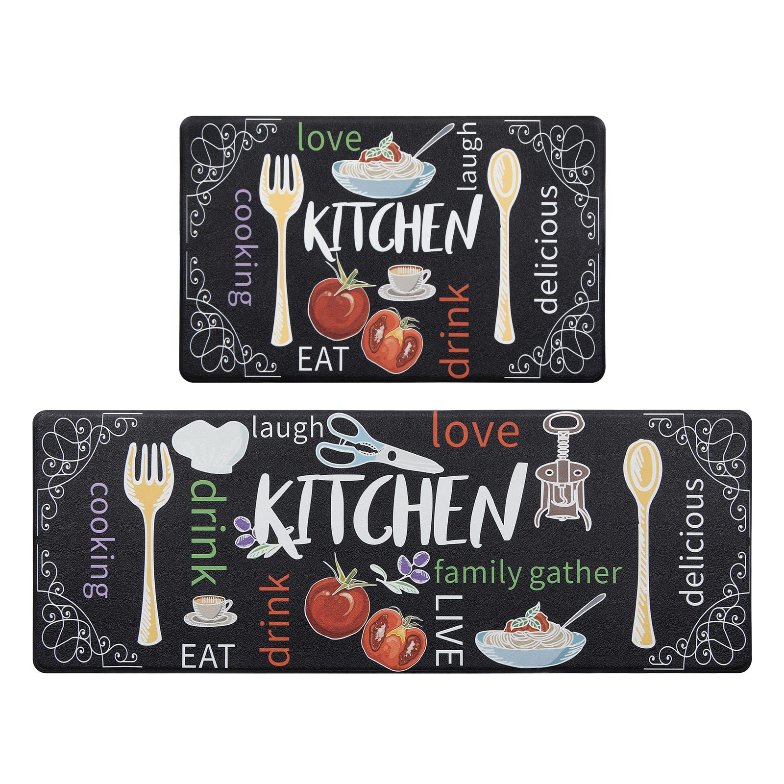 HEBE Anti-Fatigue Kitchen Rug Set of 2 - Non-Slip Cushioned Floor Mats, Waterproof Comfort for Standing - Farmhouse Style Chef Mats for Sink & Laundry Room - Colorful Kitchen Carpet for Home & Office Use