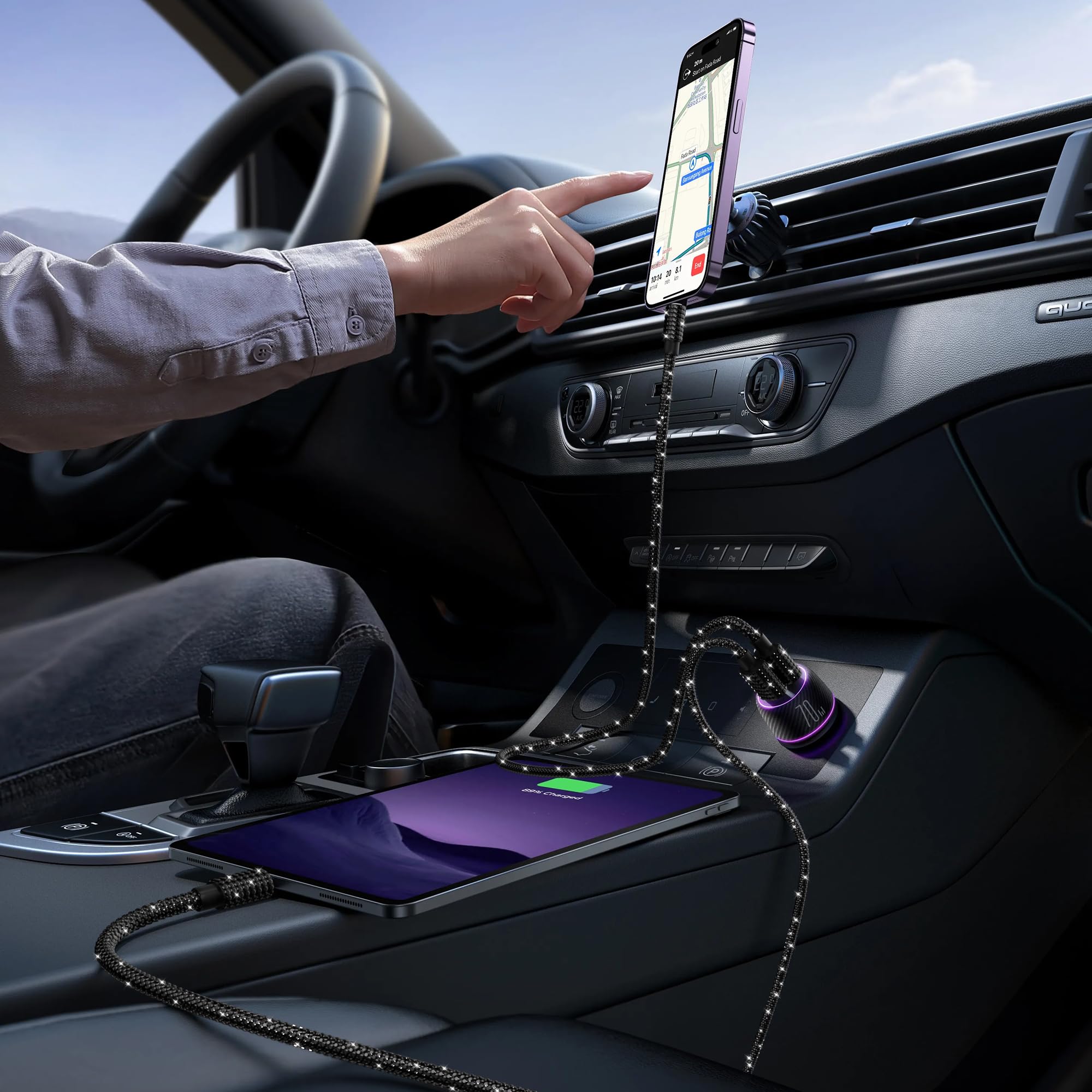 60W USB to USB C Fast Charging Cable 4FT - Bling Sparkling Black Diamond Braided Cord for iPhone 16/15/Plus/Pro/Max, Samsung Galaxy S25/S24/S23 - Perfect for Home, Office & Travel Charging