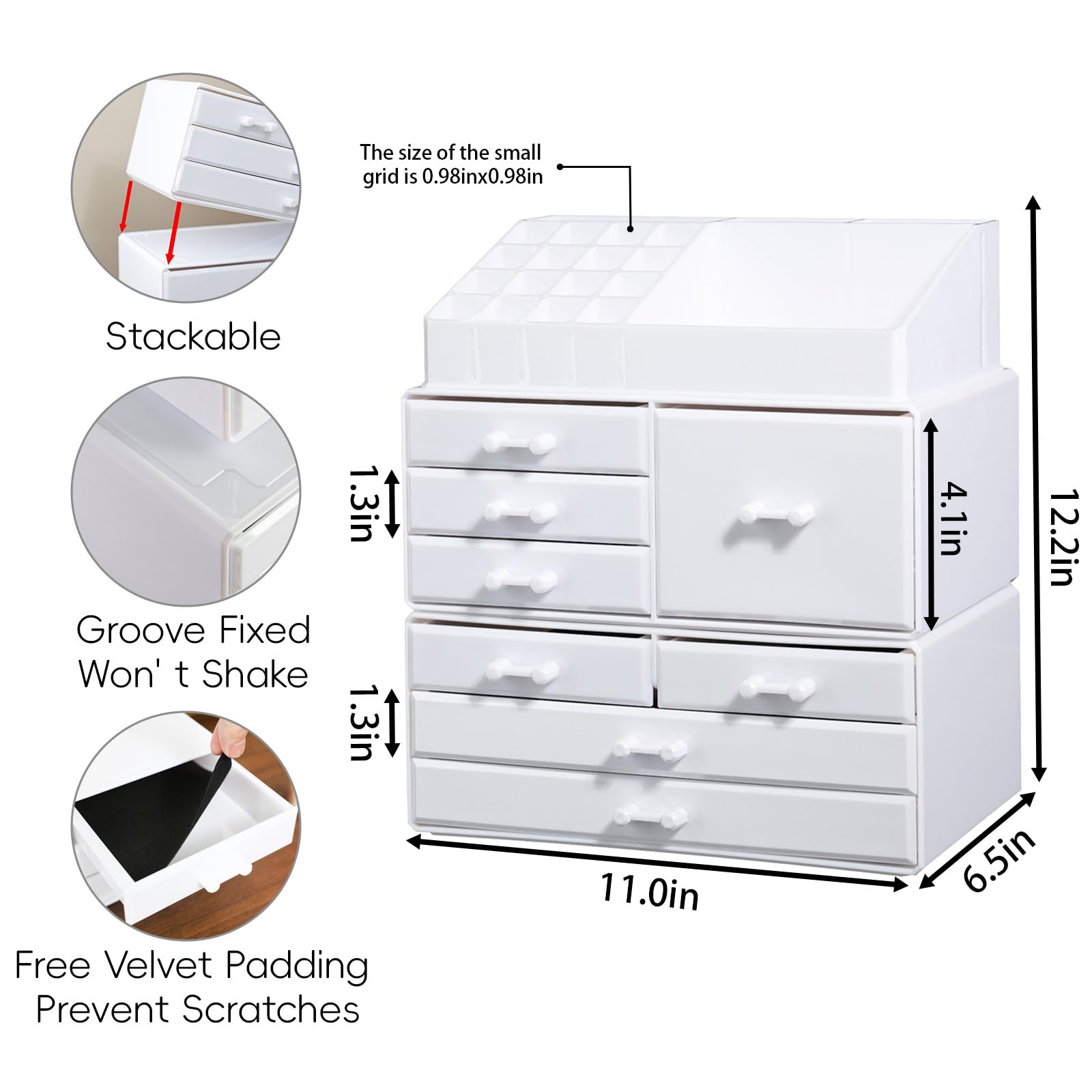 Acrylic Drawer Organizer - Stackable Cosmetic Storage Case with 8 Drawers for Desk, Bathroom & Vanity Countertop | White | Perfect for Makeup, Jewelry & Small Item Organization