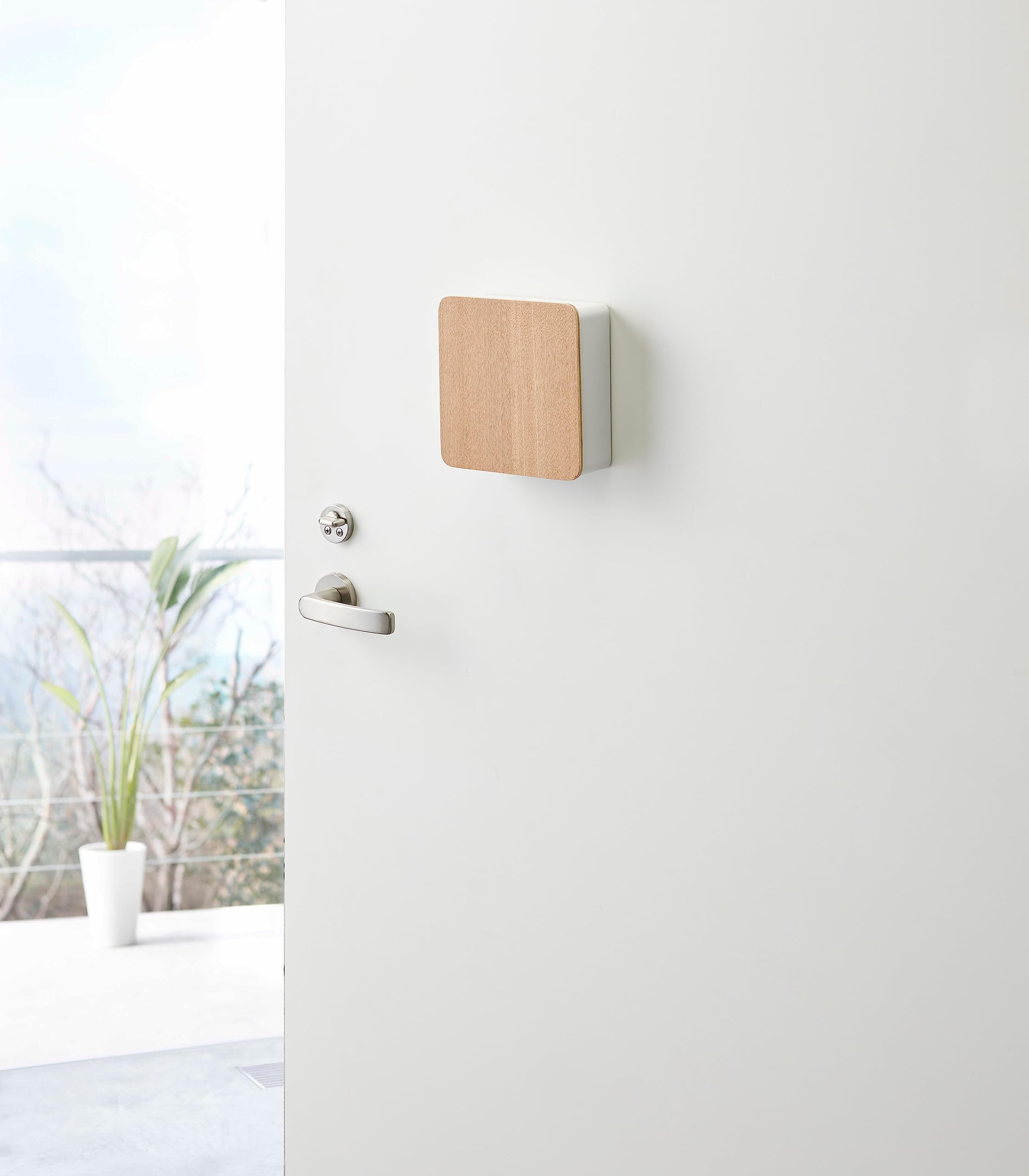 Yamazaki Home Rin Square Magnetic Key Cabinet - Wood Accented Key Organizer with Steel Frame - Perfect for Entryway, Mudroom & Home Organization