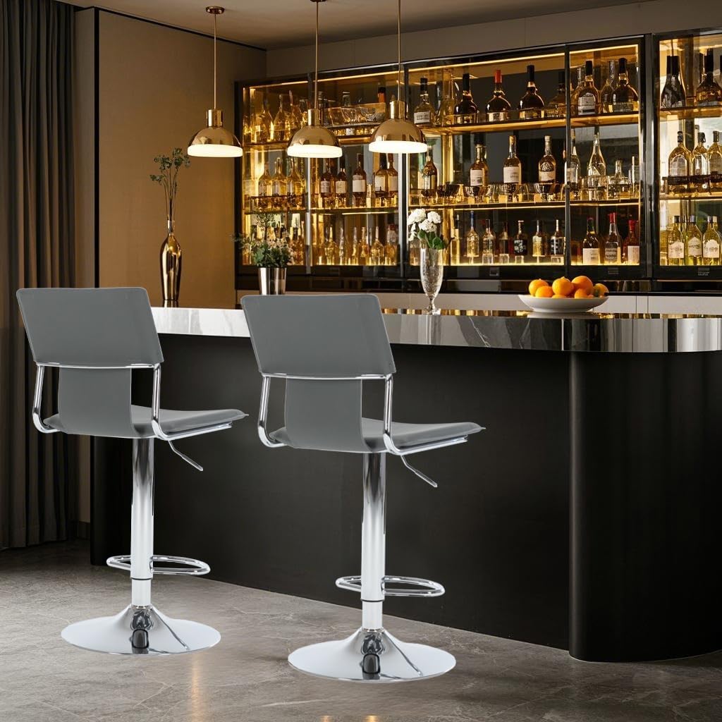 Grey Swivel Bar Stools Set of 2 - High Back Bar Height Chairs for Kitchen Island, Breakfast Nook & Coffee Bar - Modern Counter Stools for Home & Commercial Use