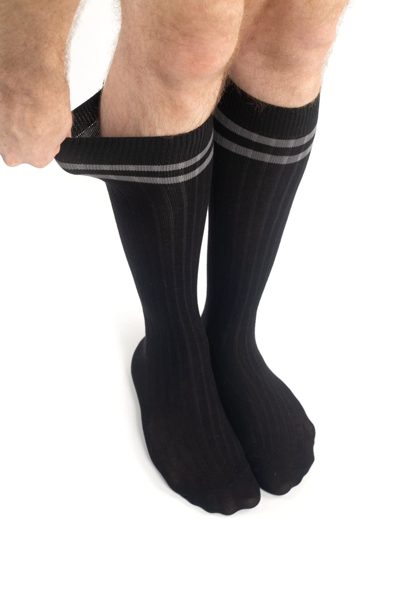 4 Pack Men's Knee High Cotton Striped Dress Socks - Over The Calf Formal Socks for Business & Office (Size 9-11) | Perfect for Work, Dress Shoes & Professional Occasions