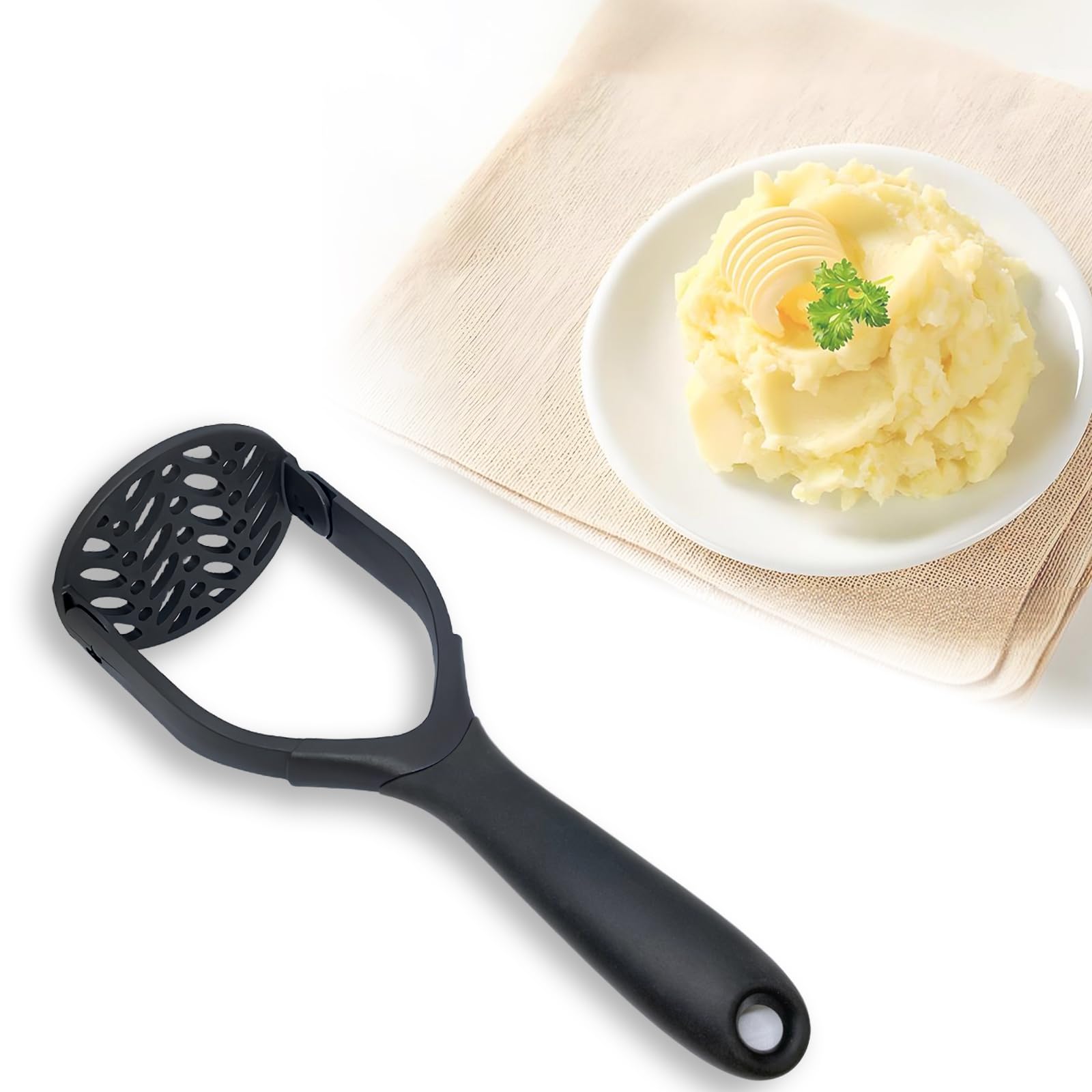Foldable Nylon Potato Masher - Non-Stick & Non-Scratch Kitchen Tool for Mashing Potatoes, Beans, Vegetables & Fruits | Perfect for Avocados, Baby Food & Smooth Purees | Dishwasher Safe & Ergonomic Design (Black)