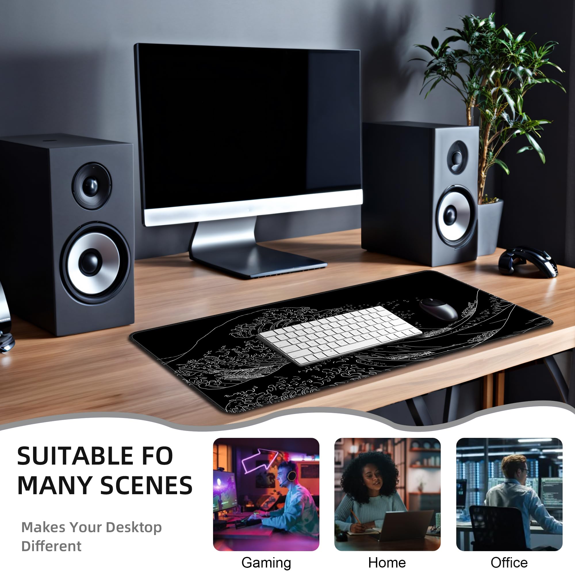 BZU Japanese Sea Wave Design Extended XL Gaming Mouse Pad - 31.5x11.8 Inch Large Desk Mat with 3mm Non-Slip Base & Stitched Edges for PC, Computer, Office & Home Use - Perfect for Gaming, Work & Productivity