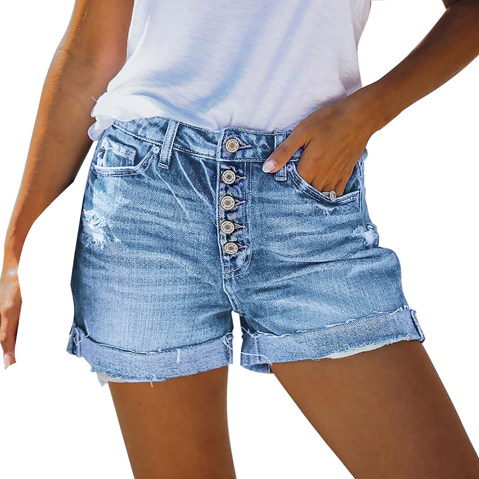 Women's Mid Rise Ripped Denim Shorts - Stretchy Folded Hem for Summer Fashion | Casual & Dressy Wear