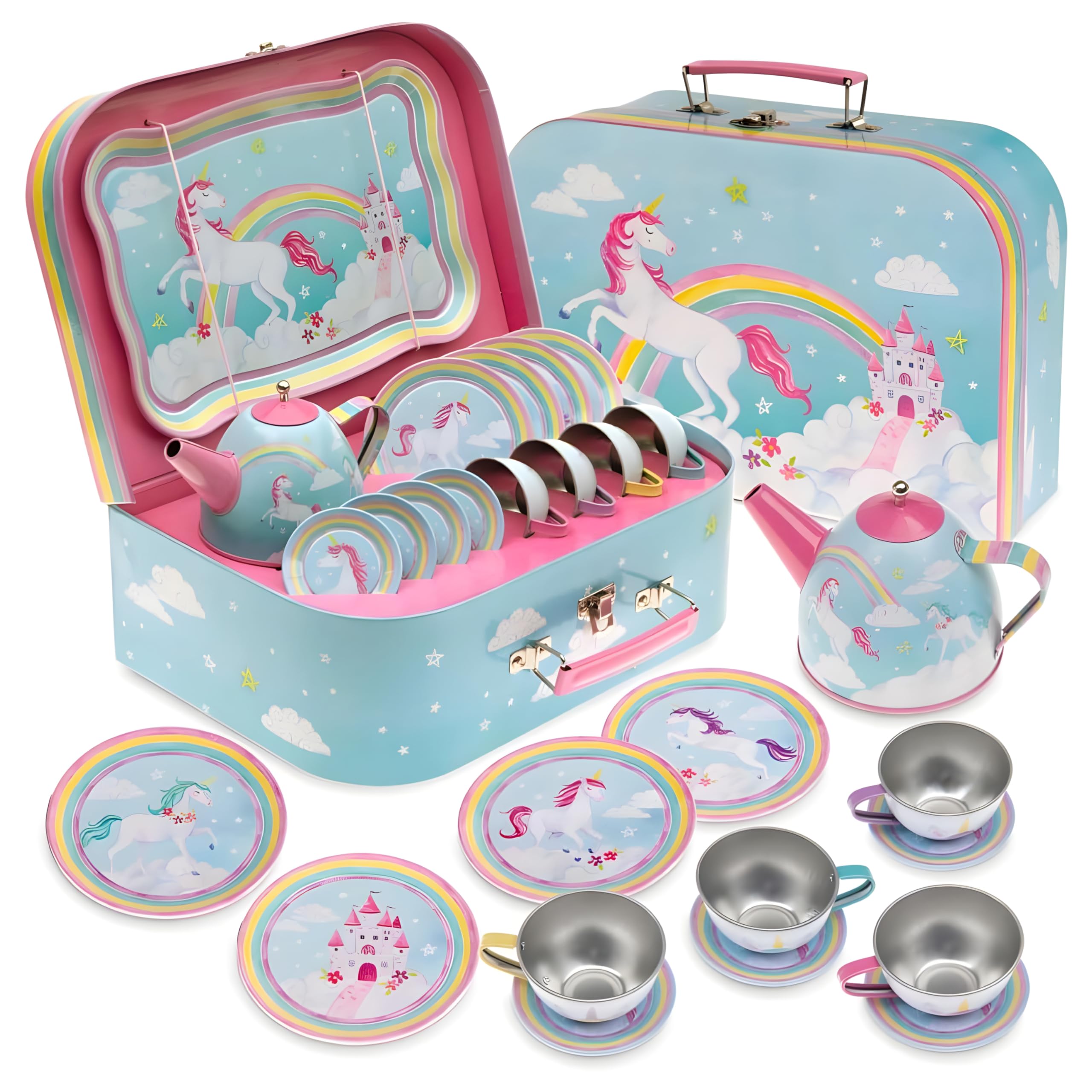 Jewelkeeper 15-Piece Kids Tea Set for Little Girls - Unicorn Design Tin Tea Party Set with Cups, Saucers, Plates & Serving Tray - Pretend Play Princess Tea Time Toy for Toddlers - Perfect for Birthday Gifts, Tea Parties & Indoor Pretend Play