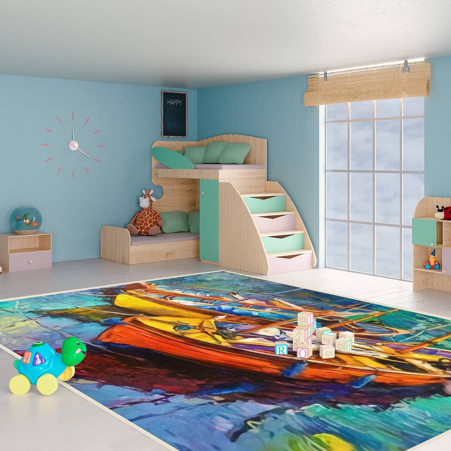 Modern Abstract Area Rugs - Stain Resistant Carpet Mat Pad for Living Room, Kitchen, Bedroom & Bathroom - Original Oil Painting Inspired Canvas Design with Boats & Sunset - Rectangular Home Decor for Cozy Spaces & High Traffic Areas