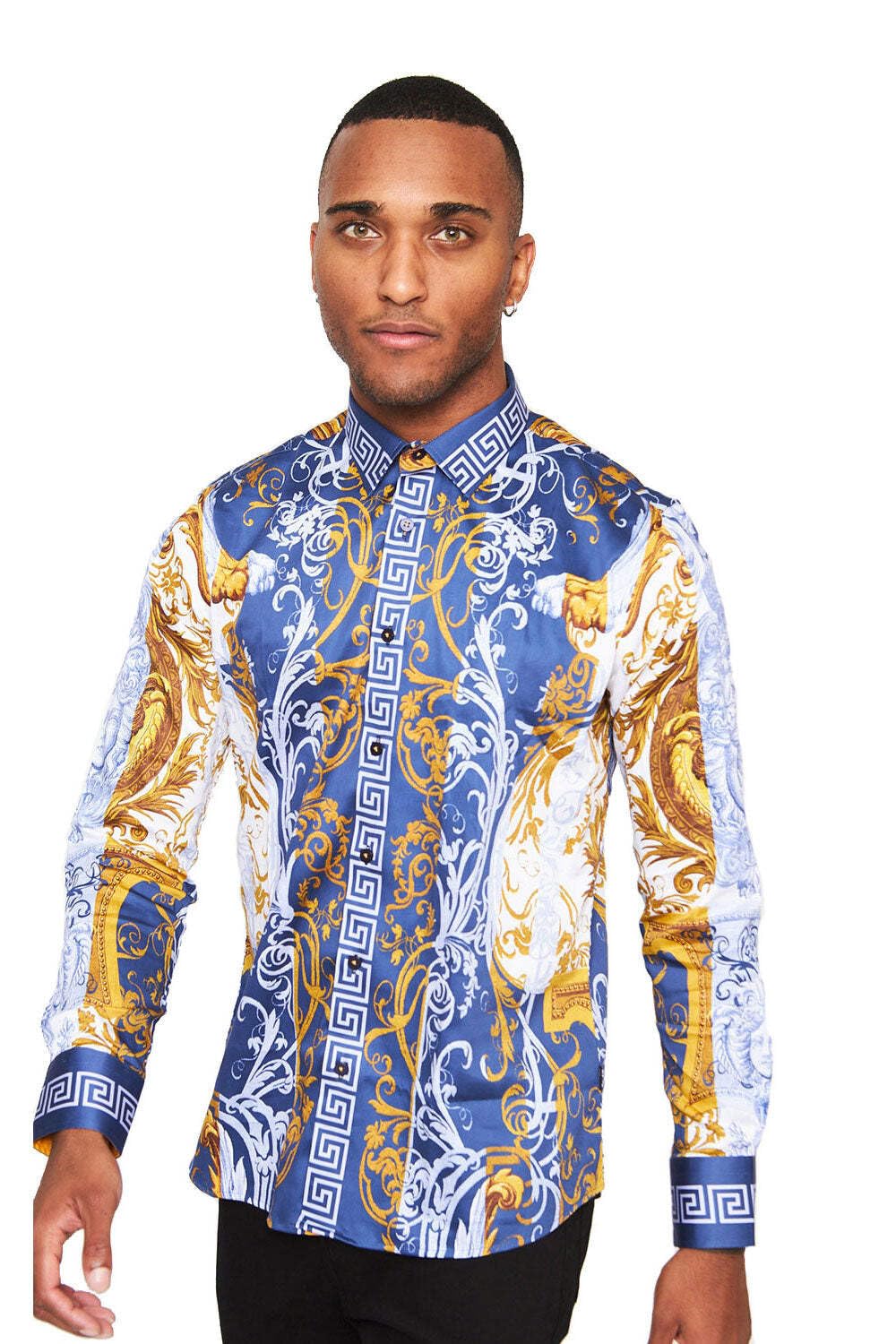 Barabas Men's Greek Pattern Medusa Rhinestone Shirt - Stylish Red Casual Button Down Shirt for Men, Size M | Perfect for Parties, Date Nights & Fashion Events