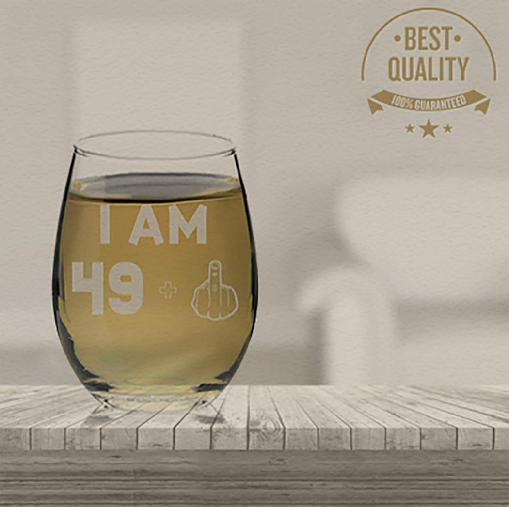 Veracco I am 49+1 Middle Finger Stemless Wine Glass - Funny 50th Birthday Gift for Men & Women - Fifty and Fabulous Novelty Glassware - Perfect for Birthday Parties, Gag Gifts & Wine Lovers (Clear Glass)