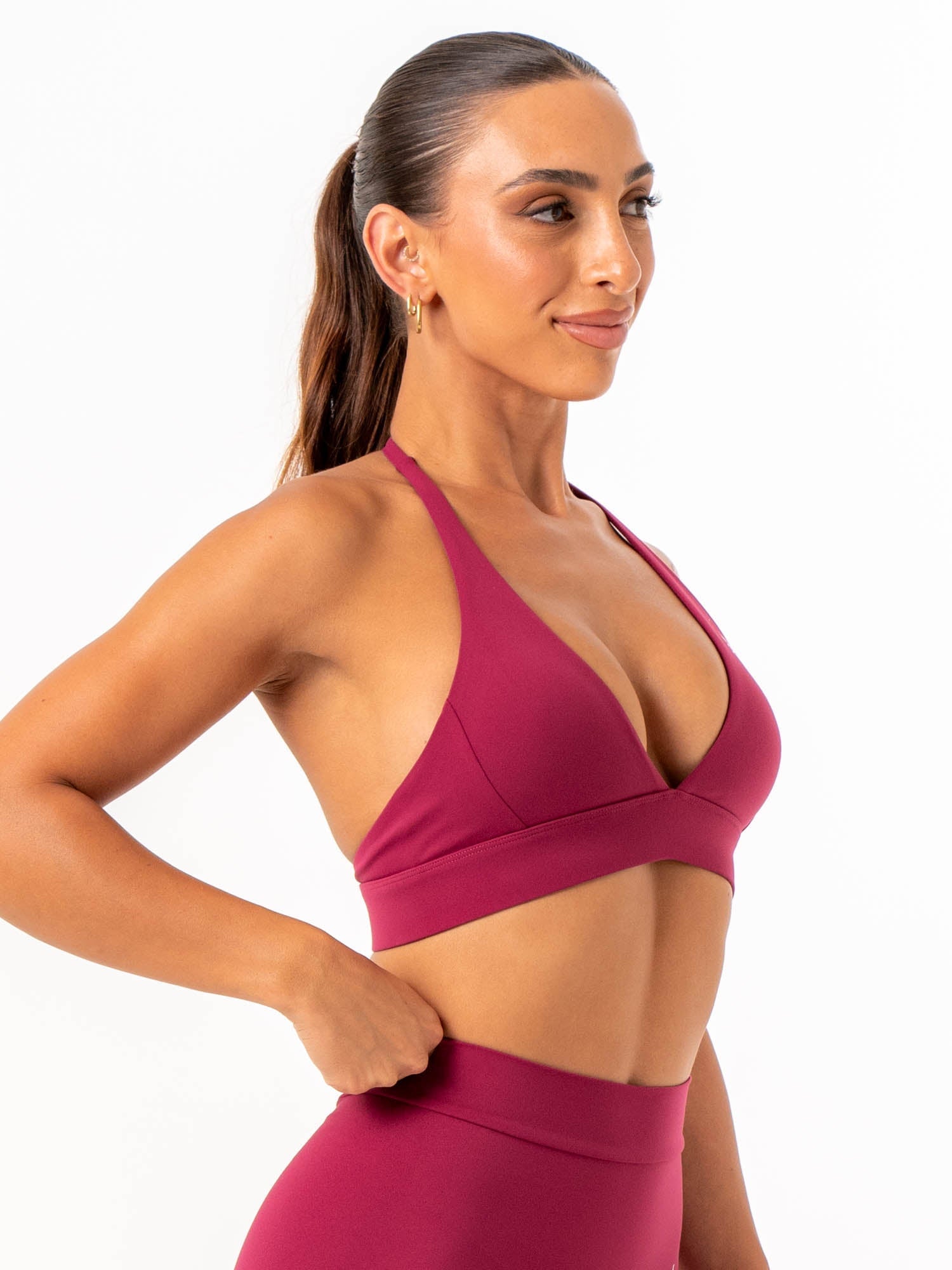 NKD Halter Sports Bra for Women - High Support Workout Top in Wine Red - Perfect for Yoga, Running & Gym Fitness