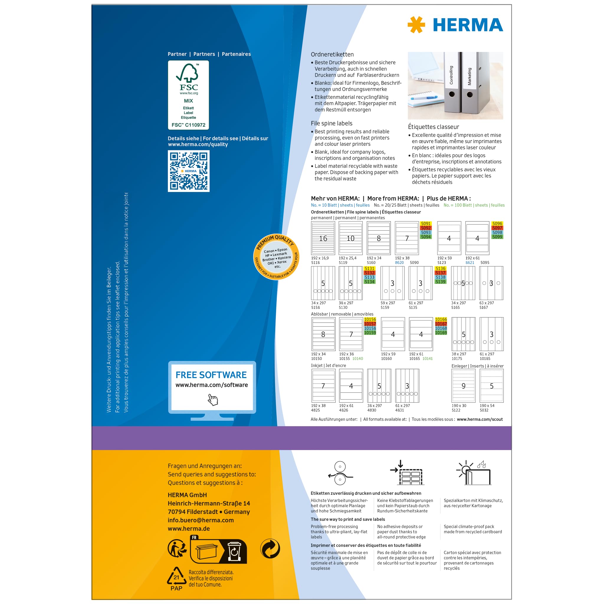 HERMA Self Adhesive Spine Labels - 4 Labels per A4 Sheet, 100 Sheets (400 Total), 192x61mm, Blank Lever Arch File Folder Stickers - Compatible with Laser & Inkjet Printers - White - Perfect for Office Organization, File Sorting & Document Management