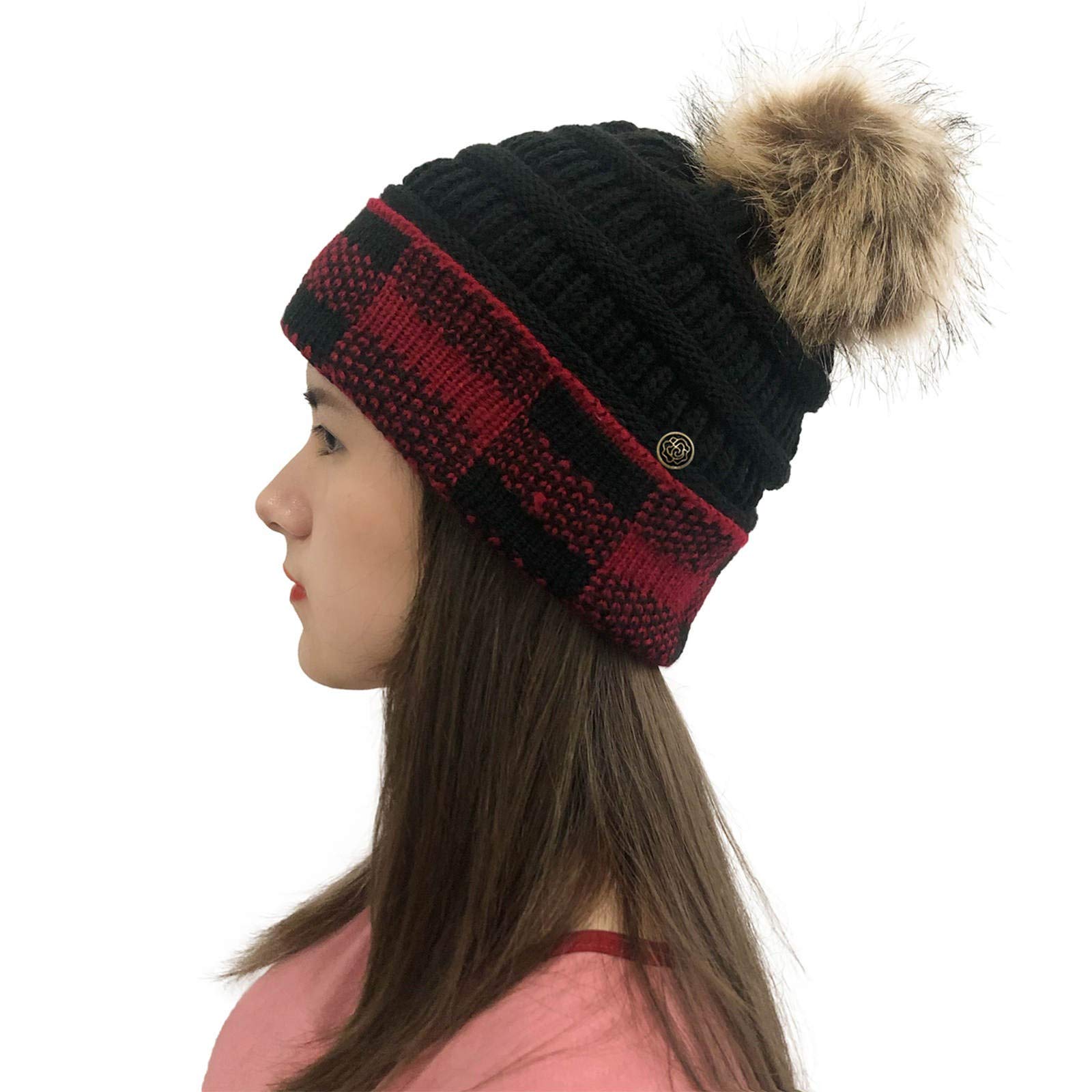 Women's Plush Plaid Crochet Beanie - Knit Stitching Baseball Cap with Button Detail for Outdoor Winter Fashion | Perfect for Hiking, Skiing & Casual Streetwear