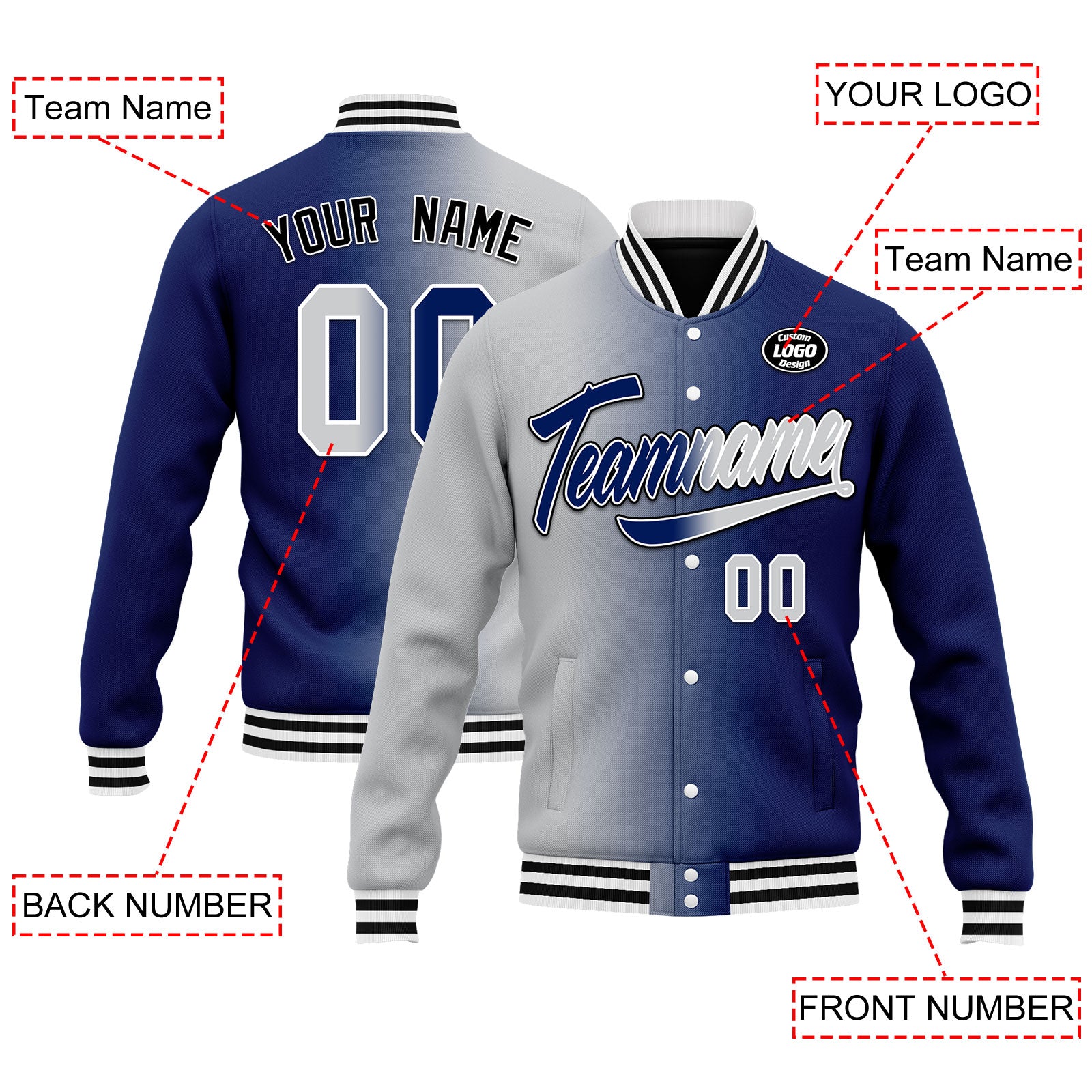 Custom Gradient Fashion Bomber Jacket - Full Snap Varsity Letterman Personalized Coat for Men & Women | Perfect for Casual Wear, Street Style & School Events (FZ005 D028015)