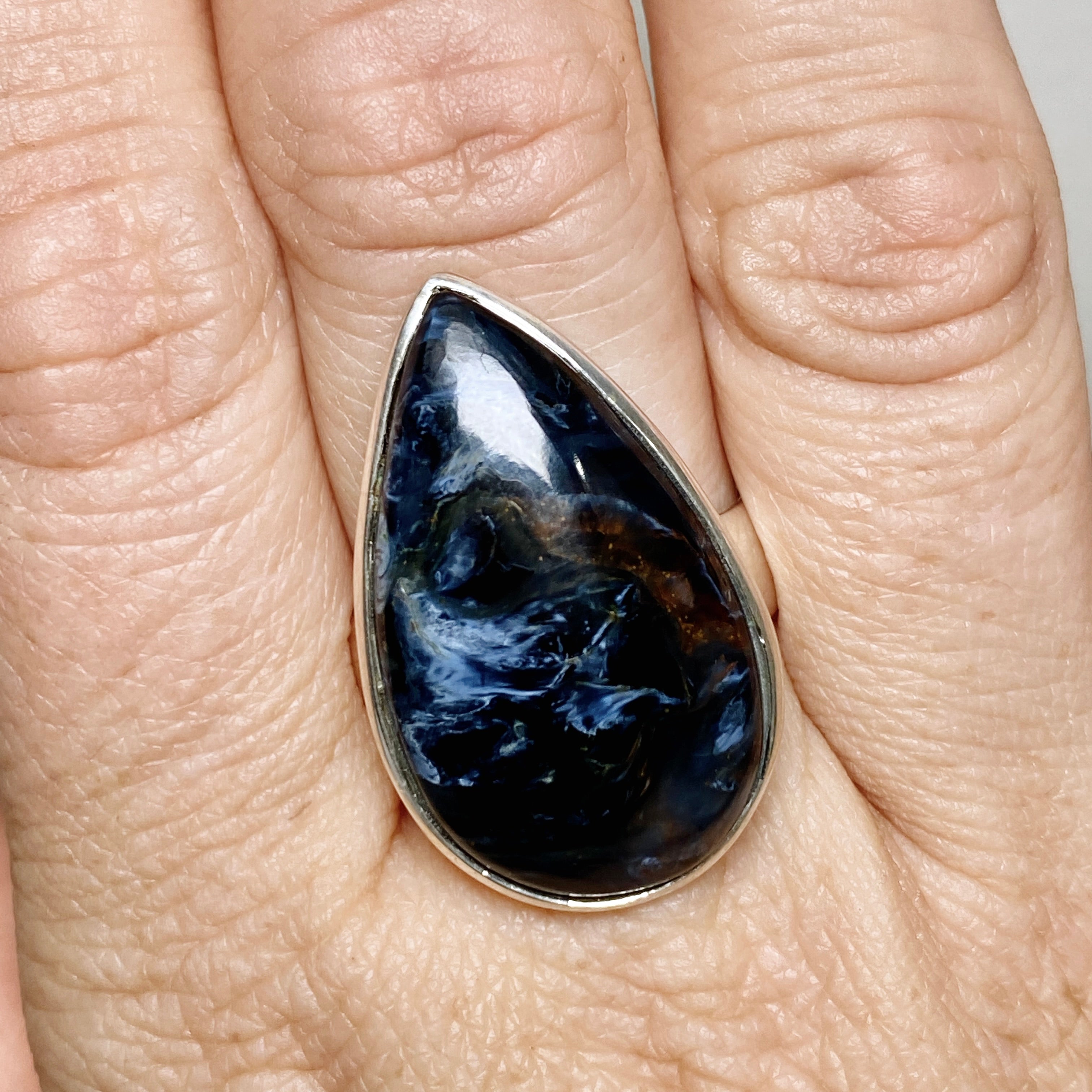 Pietersite Teardrop Cabochon Ring - Size 9.5 Sterling Silver Handmade Jewelry for Women - Perfect for Boho Fashion, Gift Giving & Special Occasions