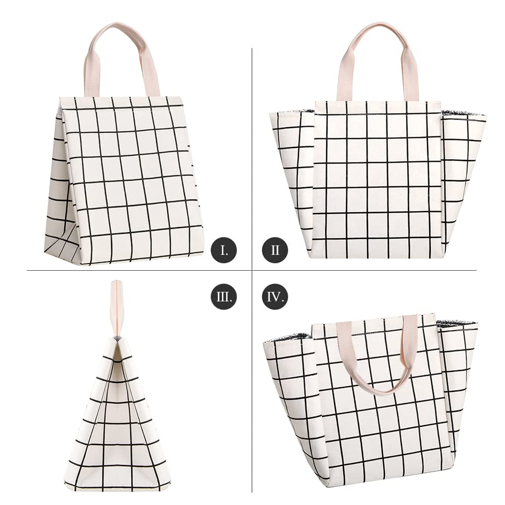 Eco-Friendly Reusable Insulated Lunch Bag with Aluminum Foil Lining - Thermal Lunch Tote for Women & Men - Perfect for Office, School & Picnics - Durable Canvas Fabric - White Plaid Design