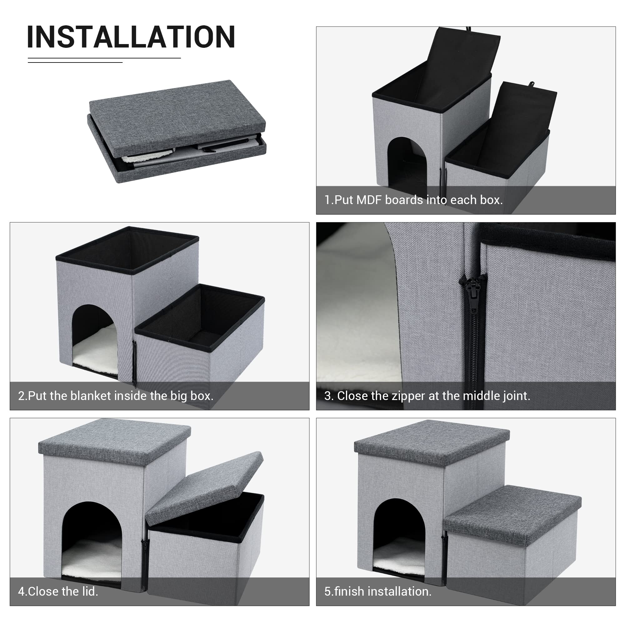 Foldable Dog Stairs for Small to Large Dogs & Cats - 2-Step Pet Steps with Storage & Pet House, Non-Slip Ramp for Couch & High Bed - Supports Up to 150 lbs - Perfect for Elderly Pets, Bed Access & Small Space Living