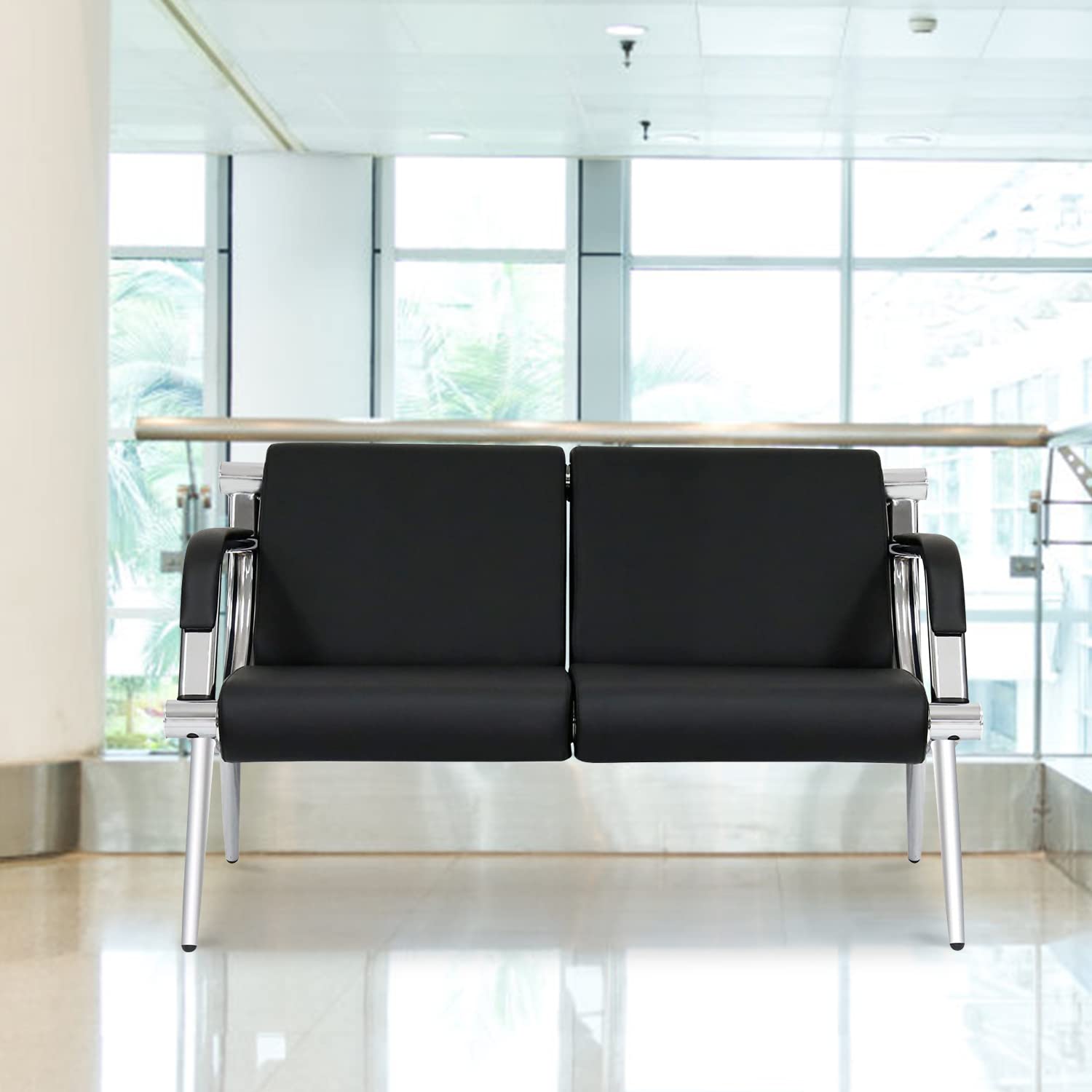 Black PU Leather Waiting Room Chairs with Armrests - 2-Seat Reception Bench for Airport, Hospital, Bank, Salon & Barber Shop - Durable & Comfortable Seating Solution for High-Traffic Areas