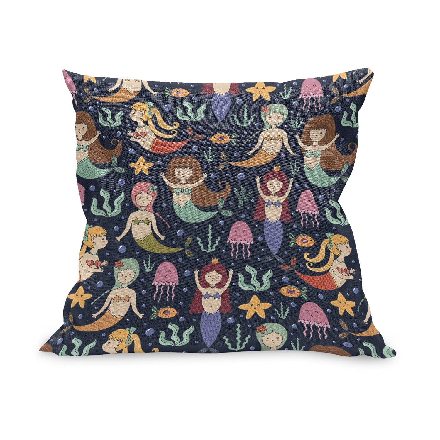 Ambesonne Mermaid Decorative Throw Pillow Cover 36x36 Inches - Funny Cartoon Ocean Girls with Colorful Tails & Bubbles Design - Square Accent Cushion Case for Living Room, Bedroom, or Dorm Decor - Multicolor