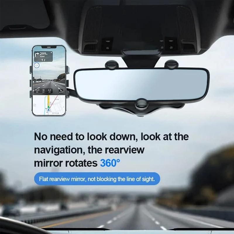 360° Rotatable Car Phone Holder for Rearview Mirror - Universal Multifunctional Phone Mount for All Smartphones - Perfect for GPS Navigation, Hands-Free Calls & Safe Driving (Black)