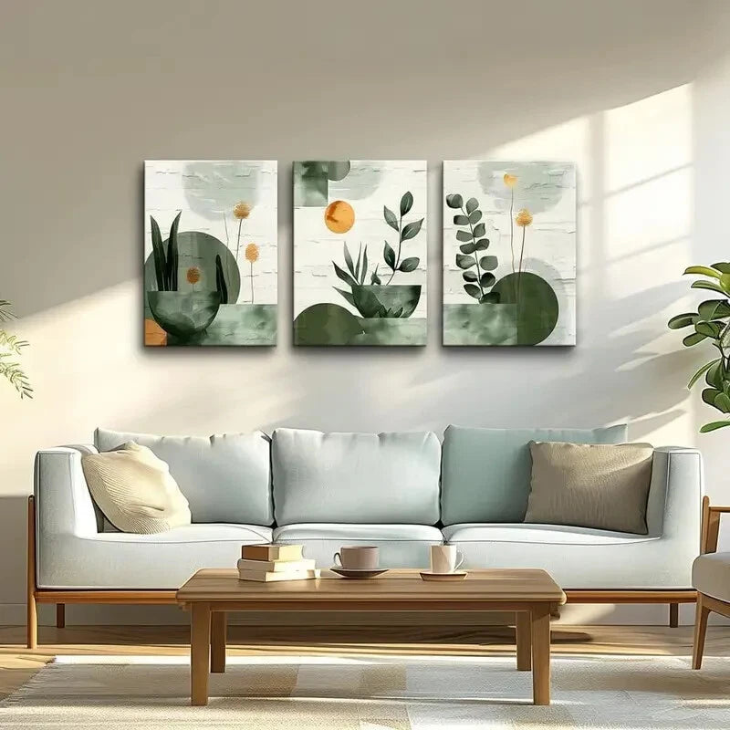 3-Piece Abstract Geometric & Botanical Metal Wall Art Prints - Ready to Hang Modern Home Decor for Living Room, Bedroom & Office