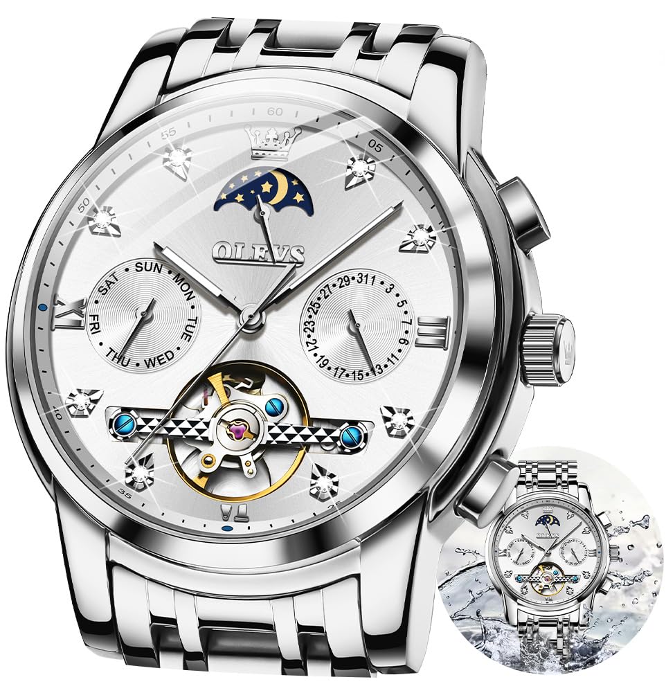 OLEVS Men's Automatic Self-Winding Skeleton Watch - Luxury Stainless Steel Waterproof Wristwatch with Luminous Hands | Perfect for Business, Formal Events & Everyday Wear