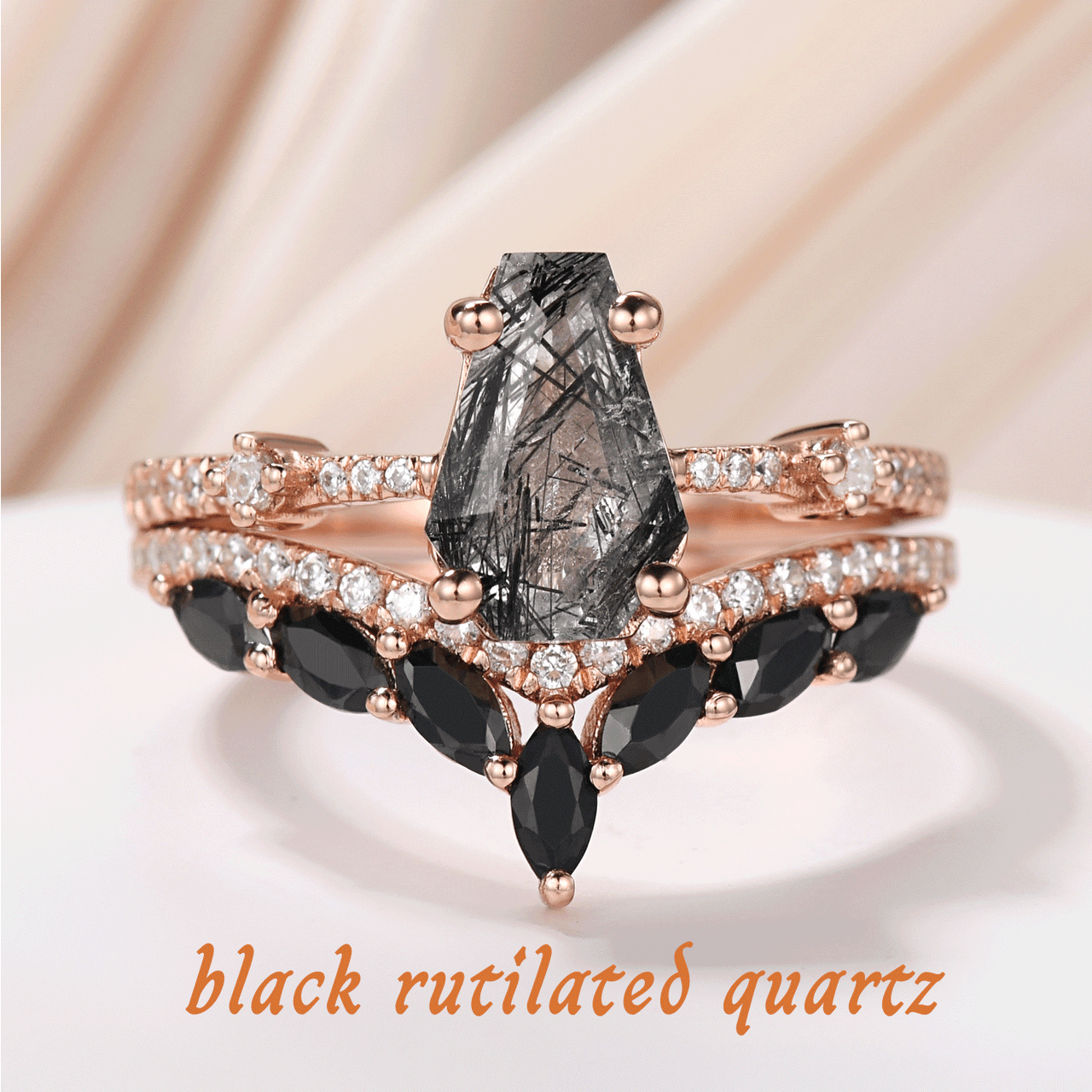 Unique Coffin Shaped Wedding Ring Set - 14k Rose Gold Black Onyx Ring & Marquise Cut Blue Sapphire Band - Gothic Anniversary Gift for Couples - Perfect for Dark Romance Weddings, Gothic Proposals & Alternative Jewelry Lovers