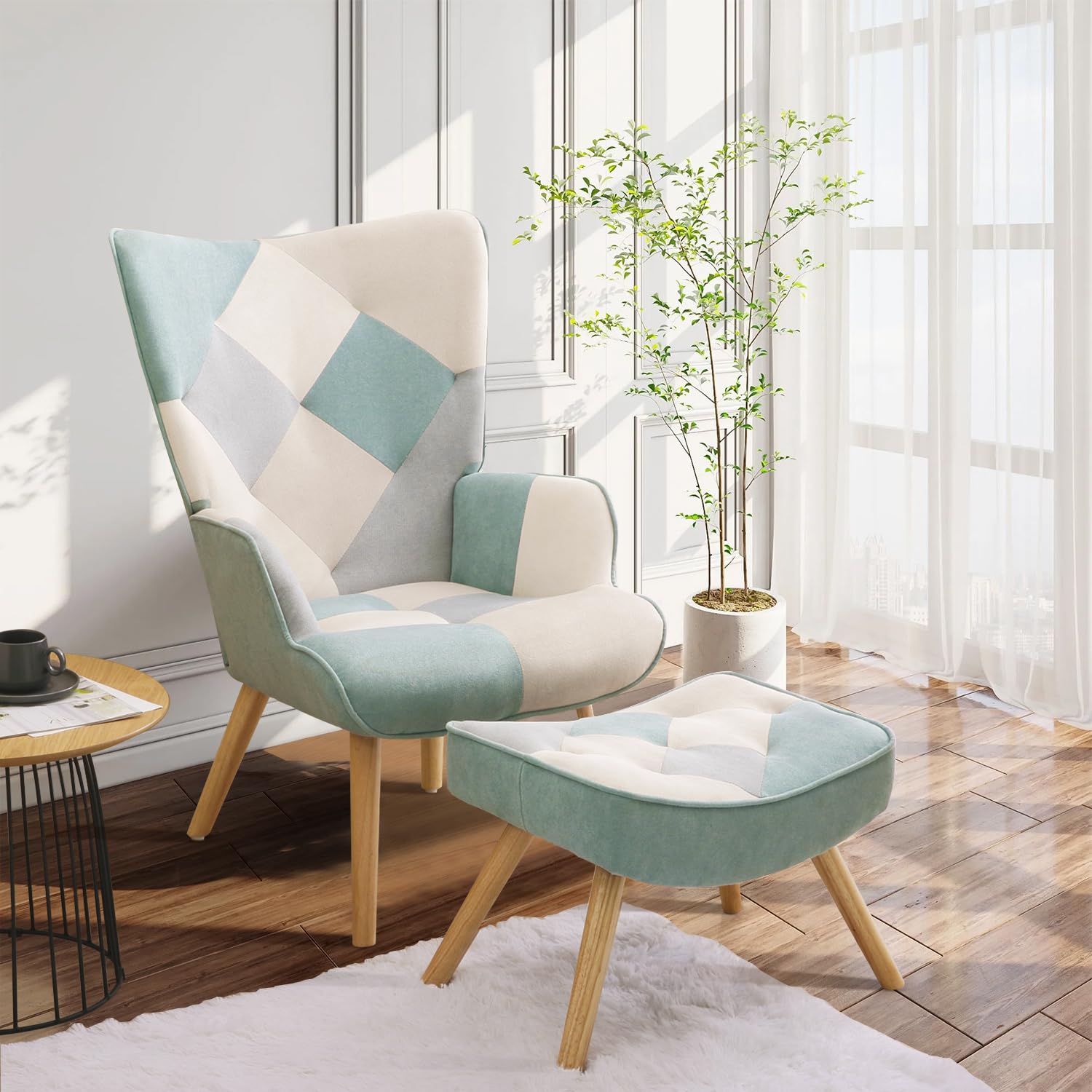**Green Upholstered Accent Chair with Ottoman - High Back Armrest Living Room Chair, Comfy Fabric Armchair for Bedroom, Small Spaces & Reading Nook | Perfect for Relaxing, Lounging & Home Decor**