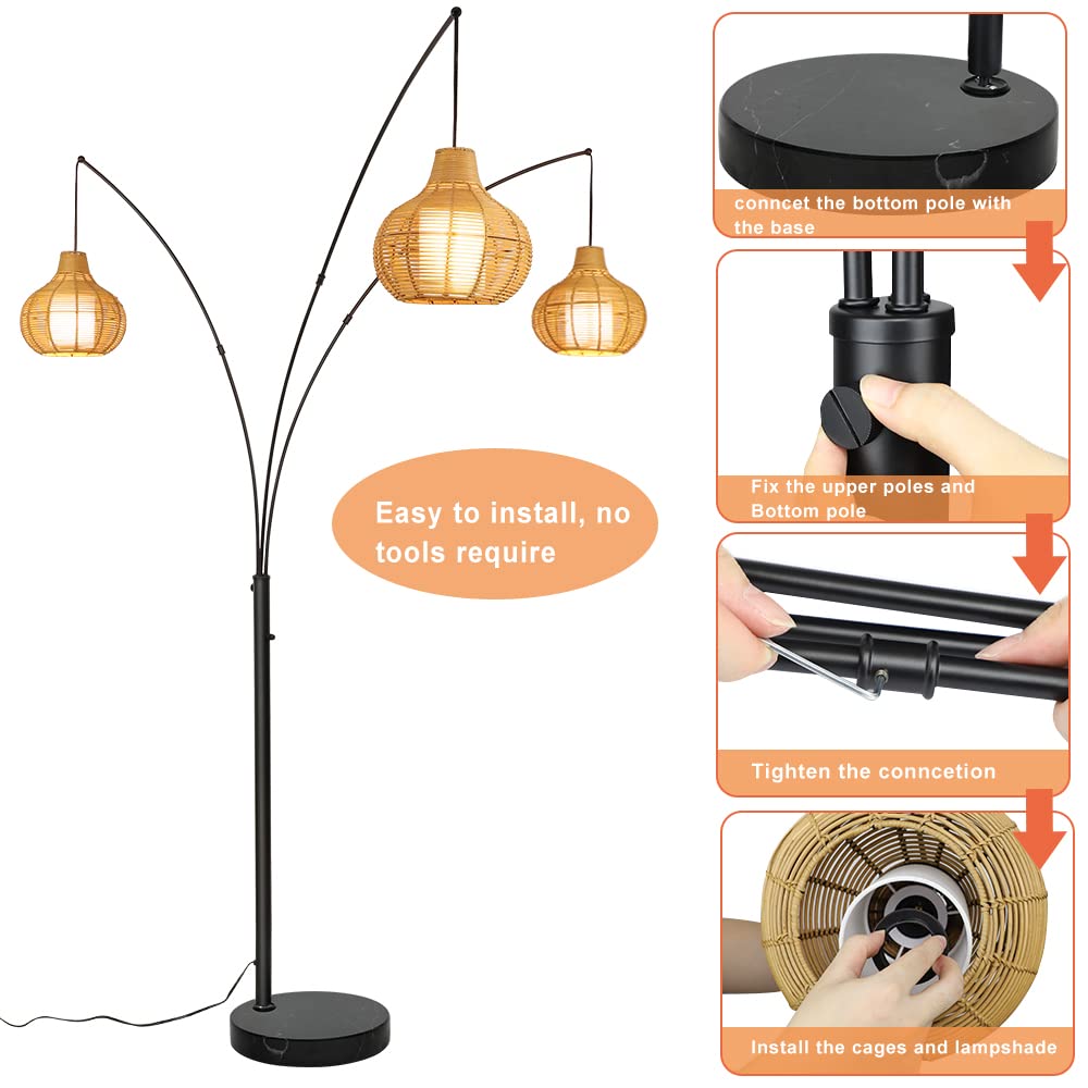 Depuley 3-Light LED Arc Floor Lamp - Adjustable Modern Standing Reading Light with Bamboo Shade & Marble Base, Tall Rattan Floor Lamp for Living Room, Bedroom, Office - E26 Bulbs Included - Perfect for Cozy Reading Nooks & Modern Home Decor