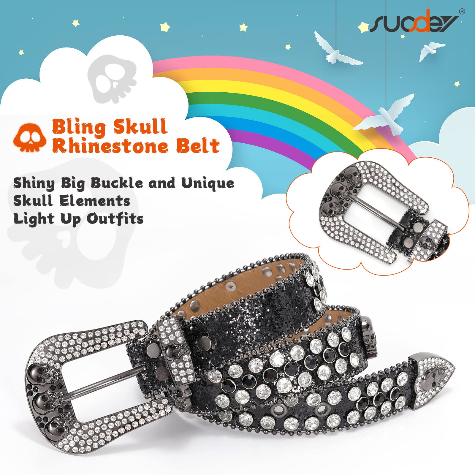 SUOSDEY Rhinestone Skull Leather Belt for Kids - Stylish Western Bling Cowboy Cowgirl Belt for Boys & Girls | Perfect for Jeans, Pants & Western Outfits