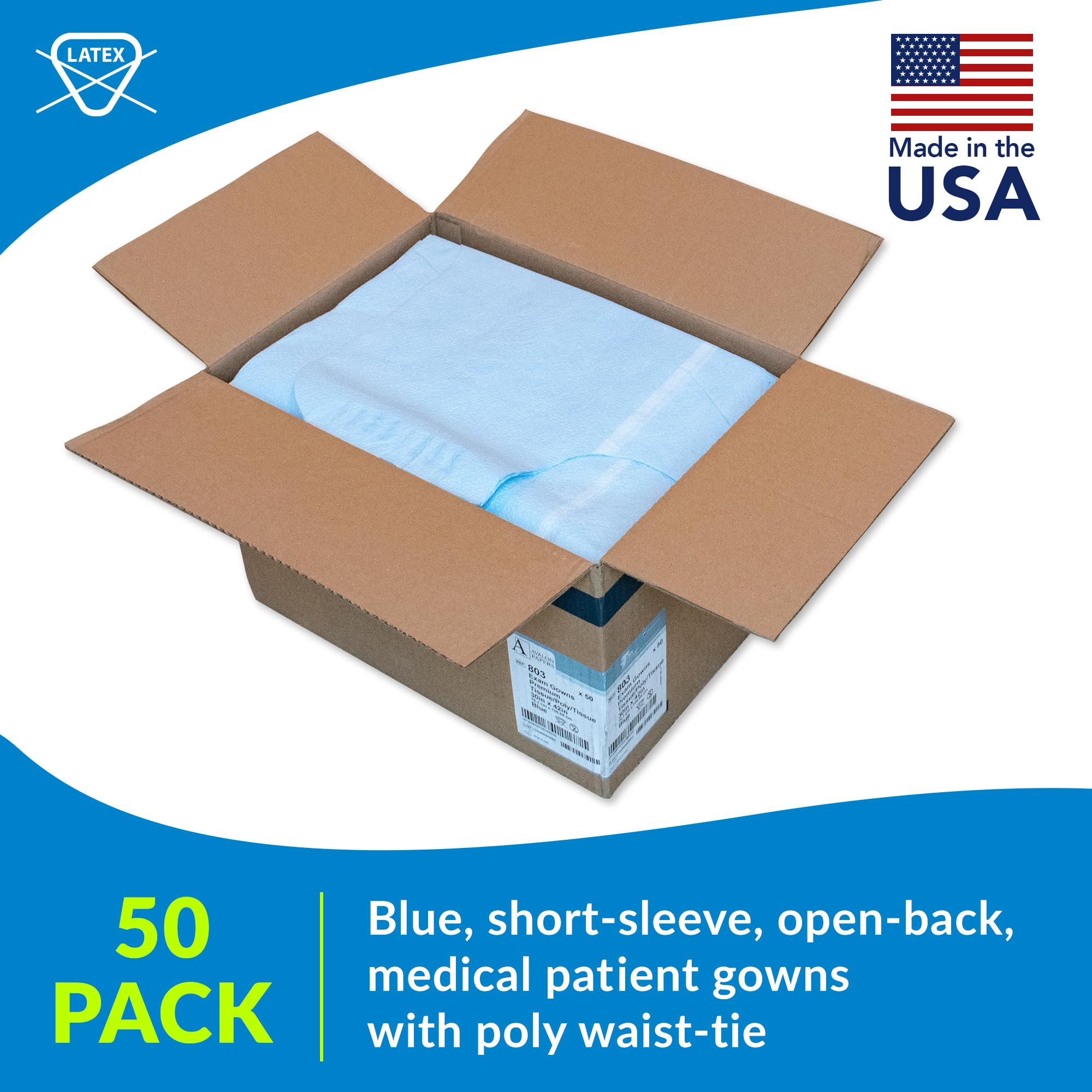 **Avalon Premium Disposable Medical Gowns - Blue (Pack of 50) - Open Back with Waist Tie, Short Sleeve - 30