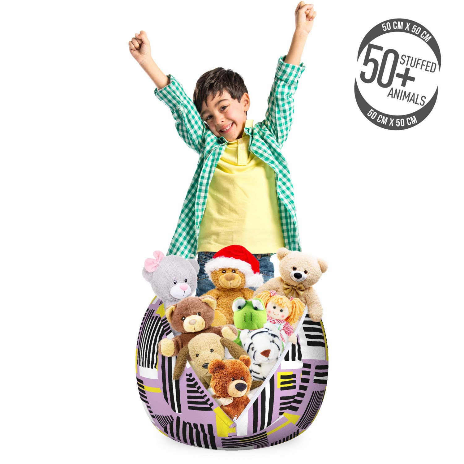 Ambesonne Geometric Storage Toy Bag Chair - Modern Abstract Pattern with Grunge Stripes & Squares - Washable Stuffed Animal Organizer for Kids Room - Small Size Lilac Charcoal Grey - Perfect for Nursery, Playroom & Bedroom Storage