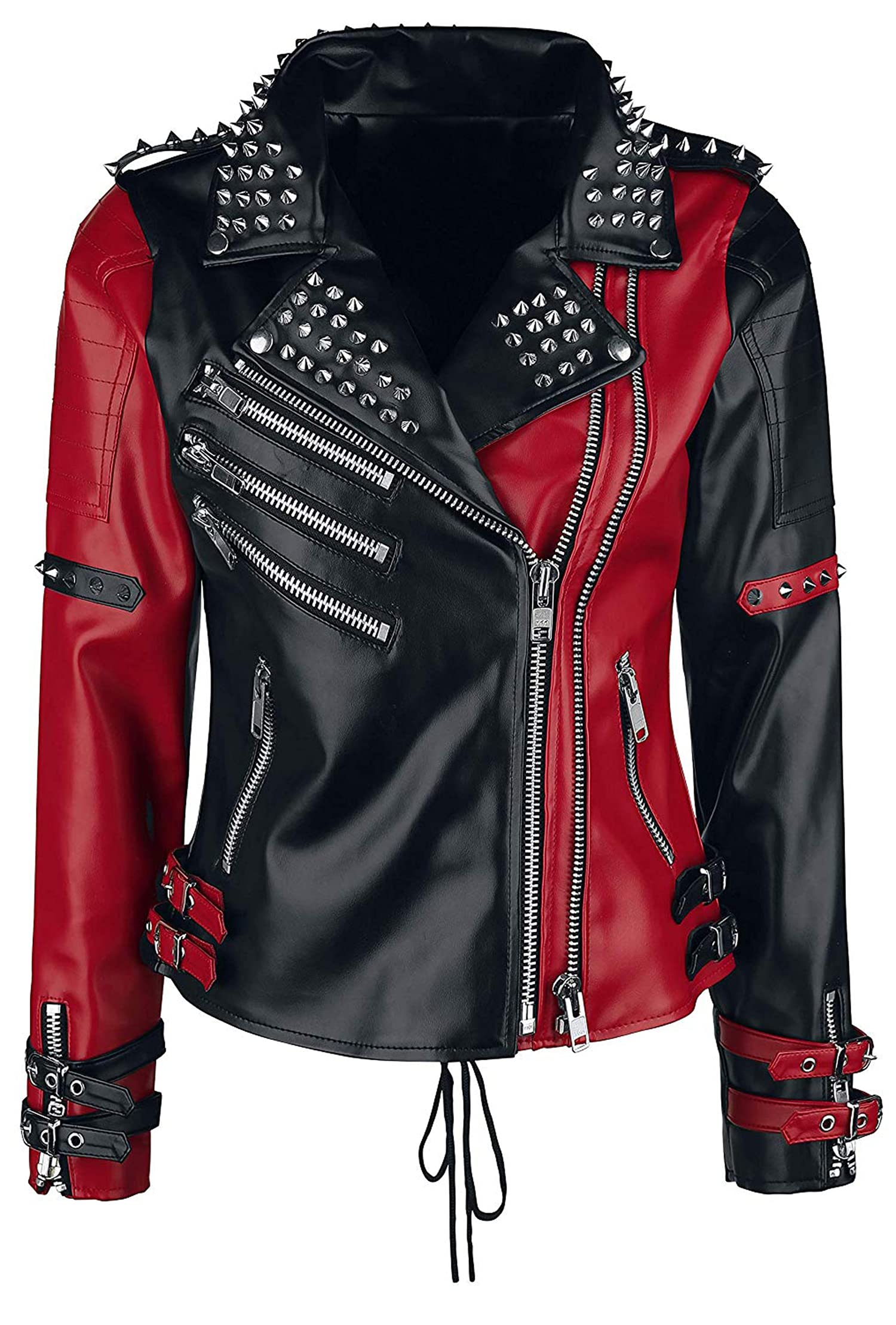 Women's Harley Quinn Heartless Asylum Studded Biker Black Red Leather Jacket - Cosplay Costume, Halloween Outfit & Motorcycle Riding Jacket