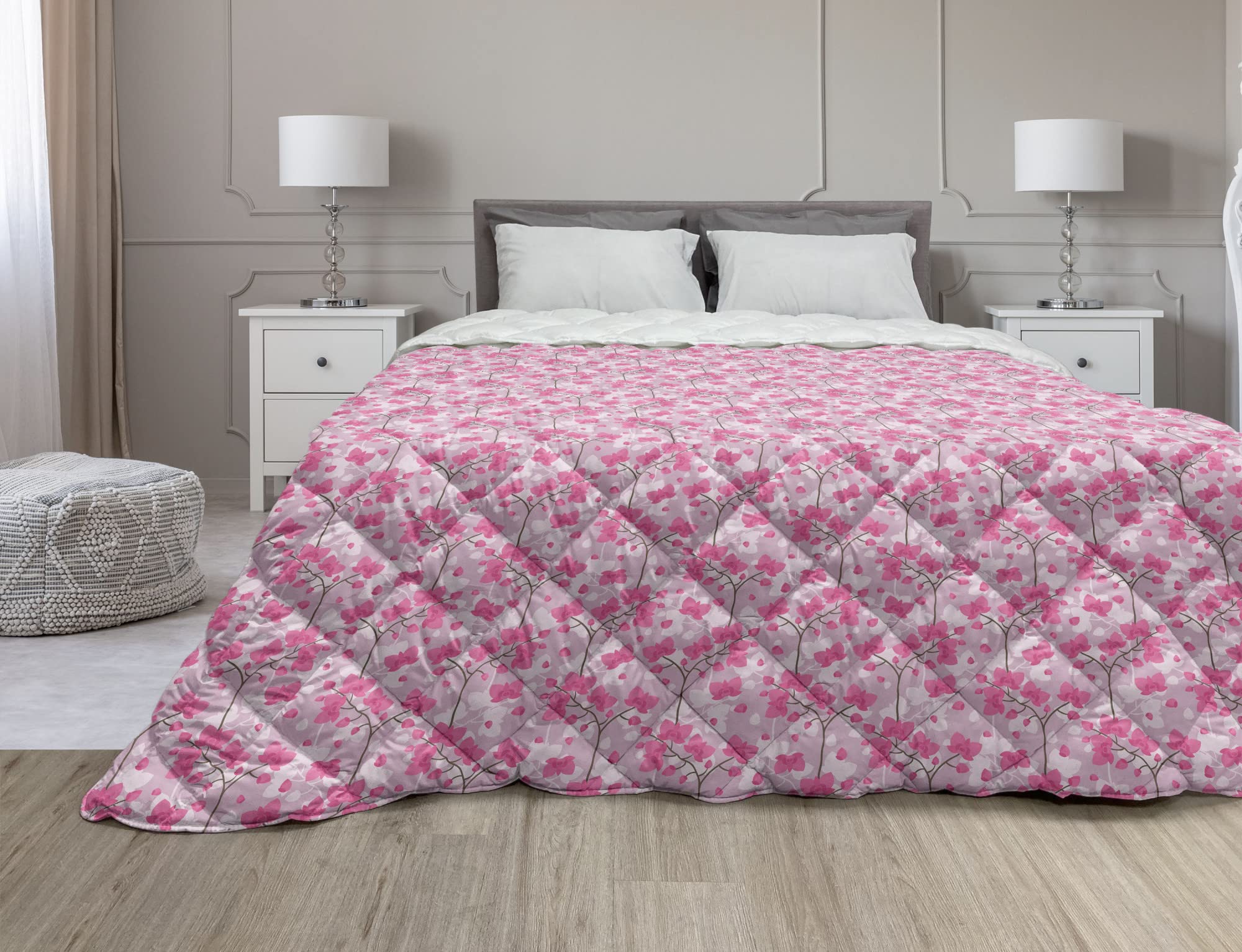 Ambesonne Floral Down Alternative Comforter - Pink Orchid Flowers Design, Microfiber All-Season Quilt, Twin XL Size, Blush Pink | Soft & Breathable for Bedroom, Guest Room, Dorm Decor